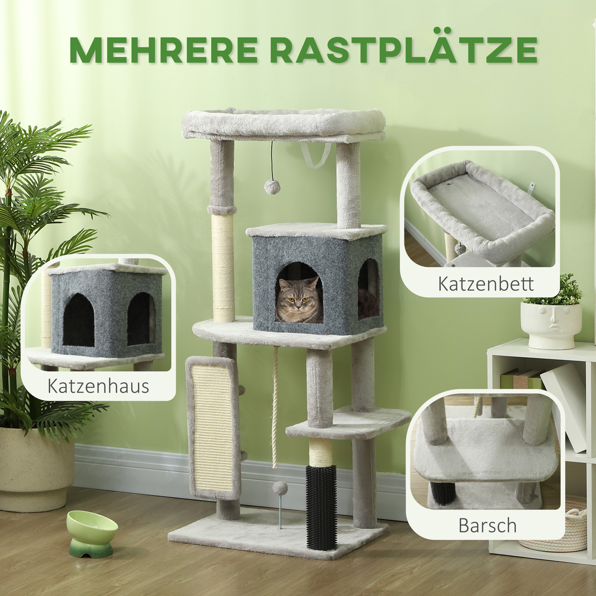 132 cm Katzenbaum mit Kratzpfosten, Bett, Haus, Sprungplattformen, Pflegebürste, Hellgrau