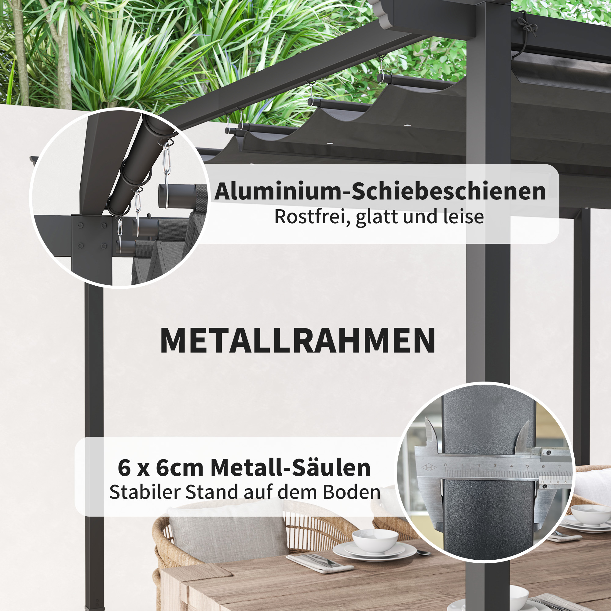 3 x 3 m Garten-Pergola mit verstellbarem Dach, Metallrahmen, UPF30+ Schutz, Sonnendach für Veranda, Terrasse, Dunkelgrau