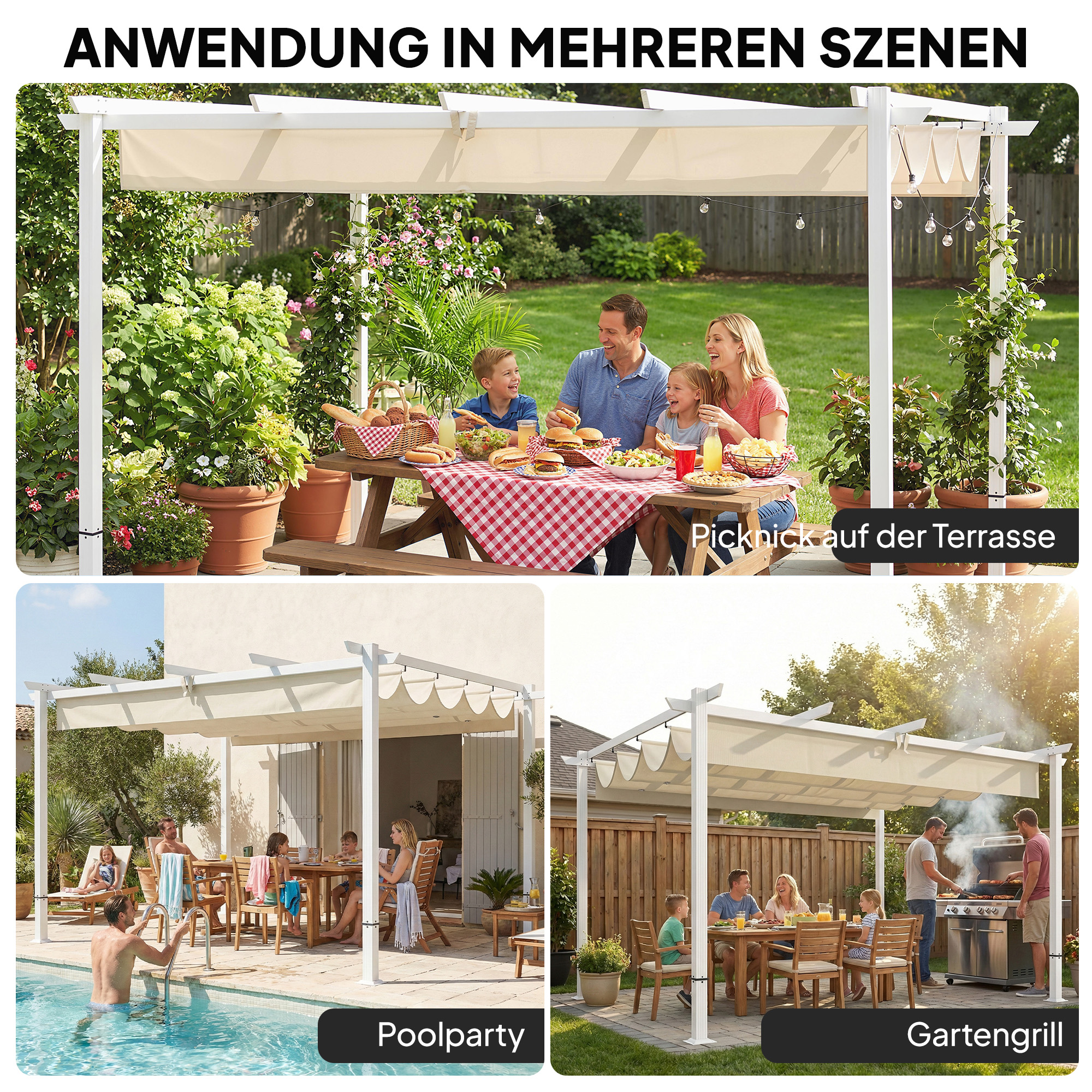 Pergola 3 x 4 m Terrassenüberdachung mit Schiebedach, magnetische Verschlüsse, UV30+ Beige