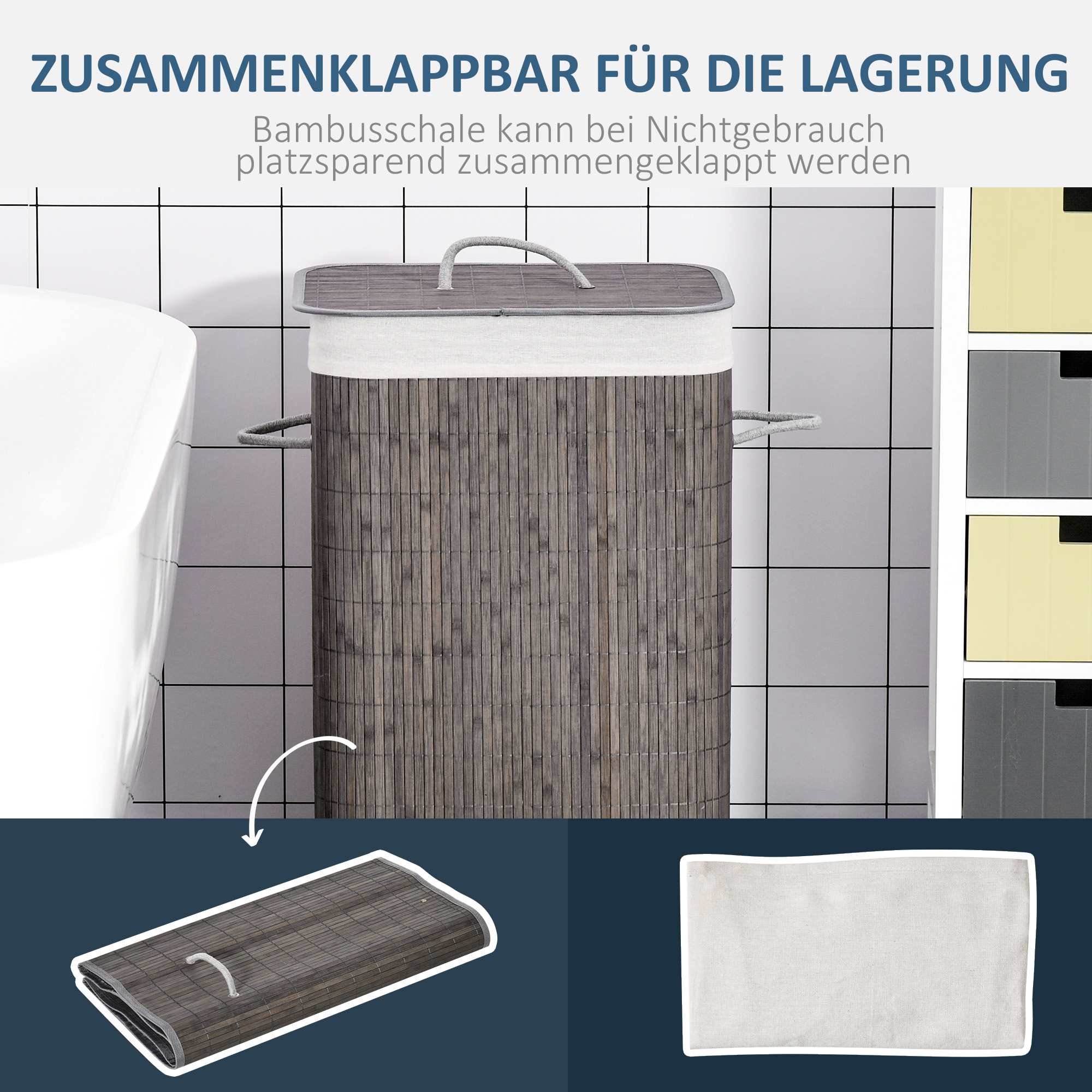 Wäschekorb mit Griffen und waschbarem Wäschesack, Rattan, Polyester, Baumwolle, Metall, 43L x 32B x 61H cm, Grau