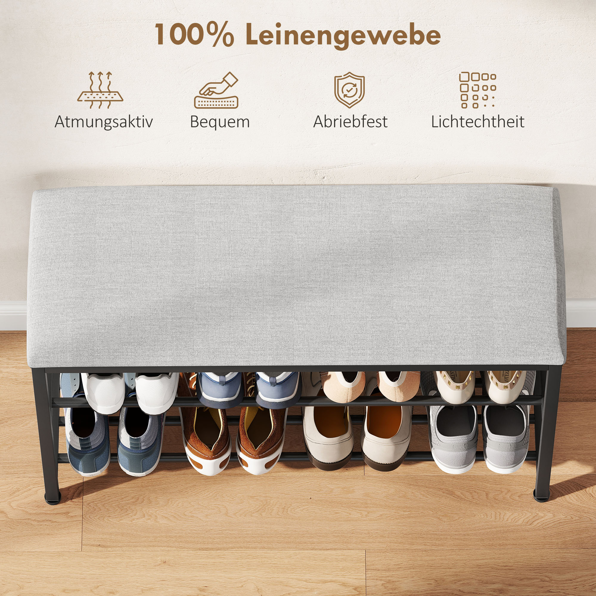 Schuhbank mit Sitzfläche, Sitzbank mit Stauraum, Schuhregal mit 2 offene Fächer, Sitzbank 81 x 31 x 50 cm Schwarz