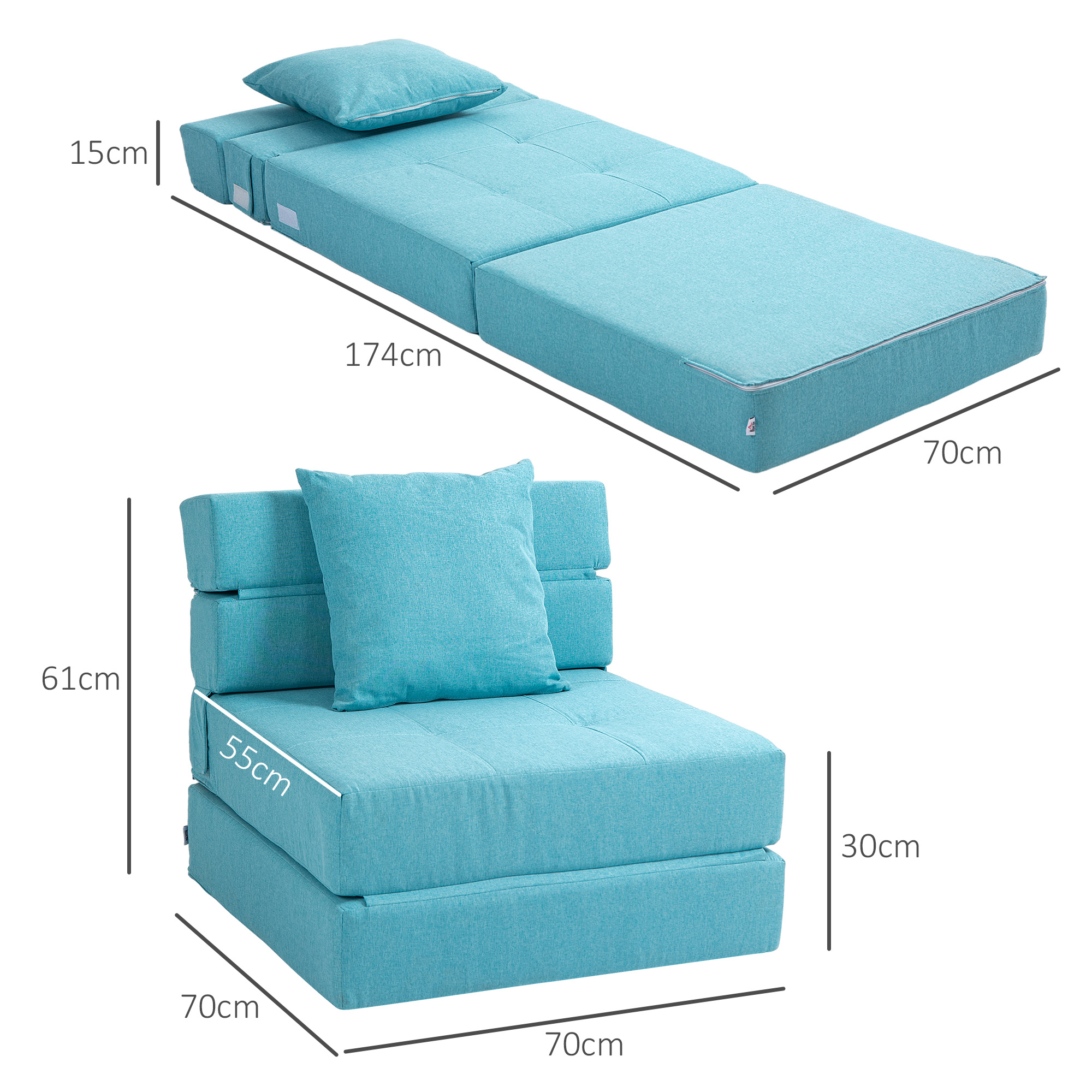 Schlafsessel Relaxsessel Gästebett, abnehmbarer Bezug, 70 cm x 70 cm x 61 cm, Hellblau