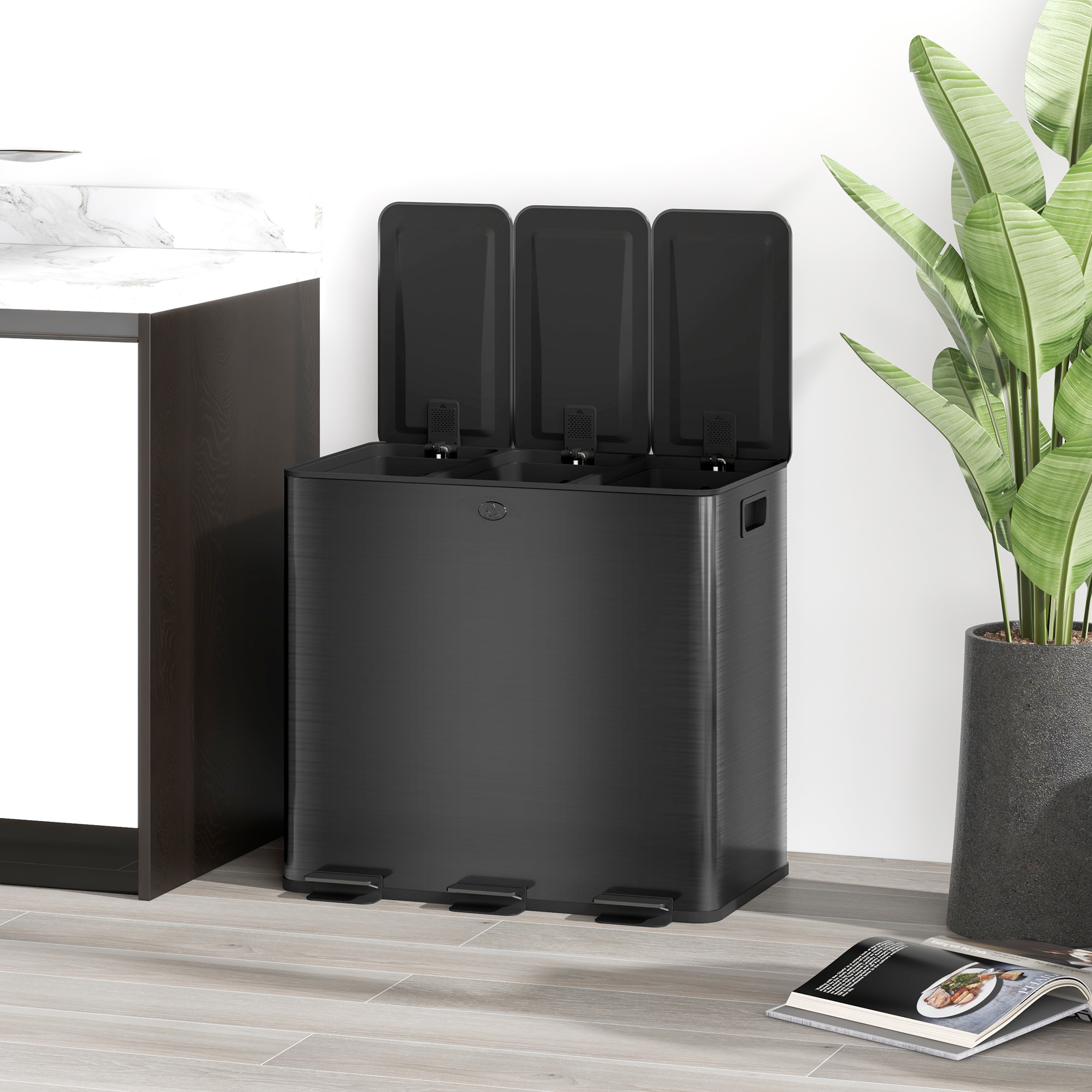Mülleimer mit 3 x 15L Fächern, Deodorant-Deckel, fingerabdrucksicher, Soft-Close, herausnehmbar, Schwarz