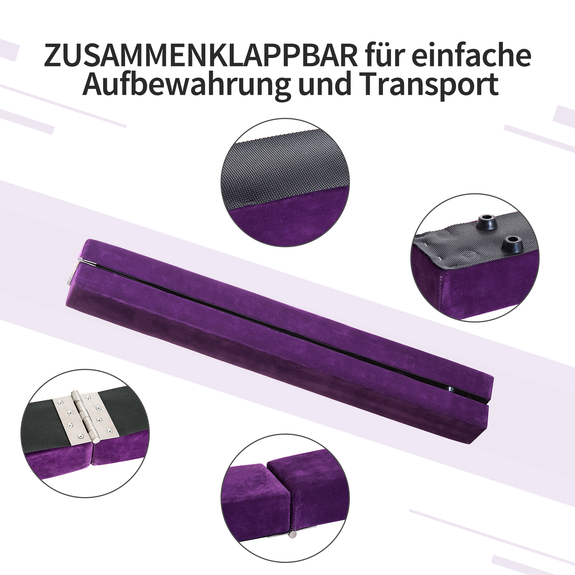 Faltbarer Schwebebalken, rutschfest, Wildlederbezug, robustes Holz, 210 x 10 x 6,5 cm, Violett