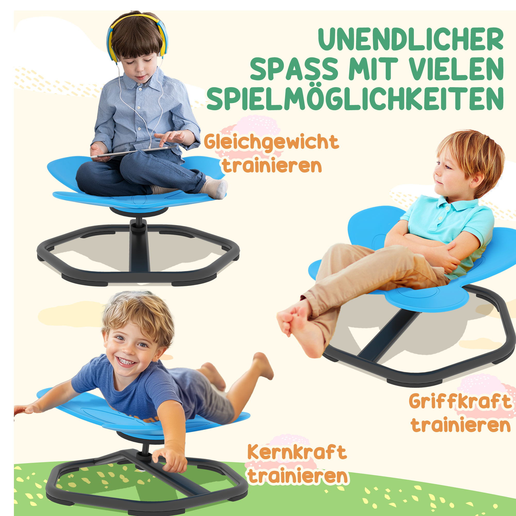 Sensorischer Drehstuhl für Kinder, Schmetterlings-Form, fördert Balance und Koordination, Kunststoff, Metall, Blau