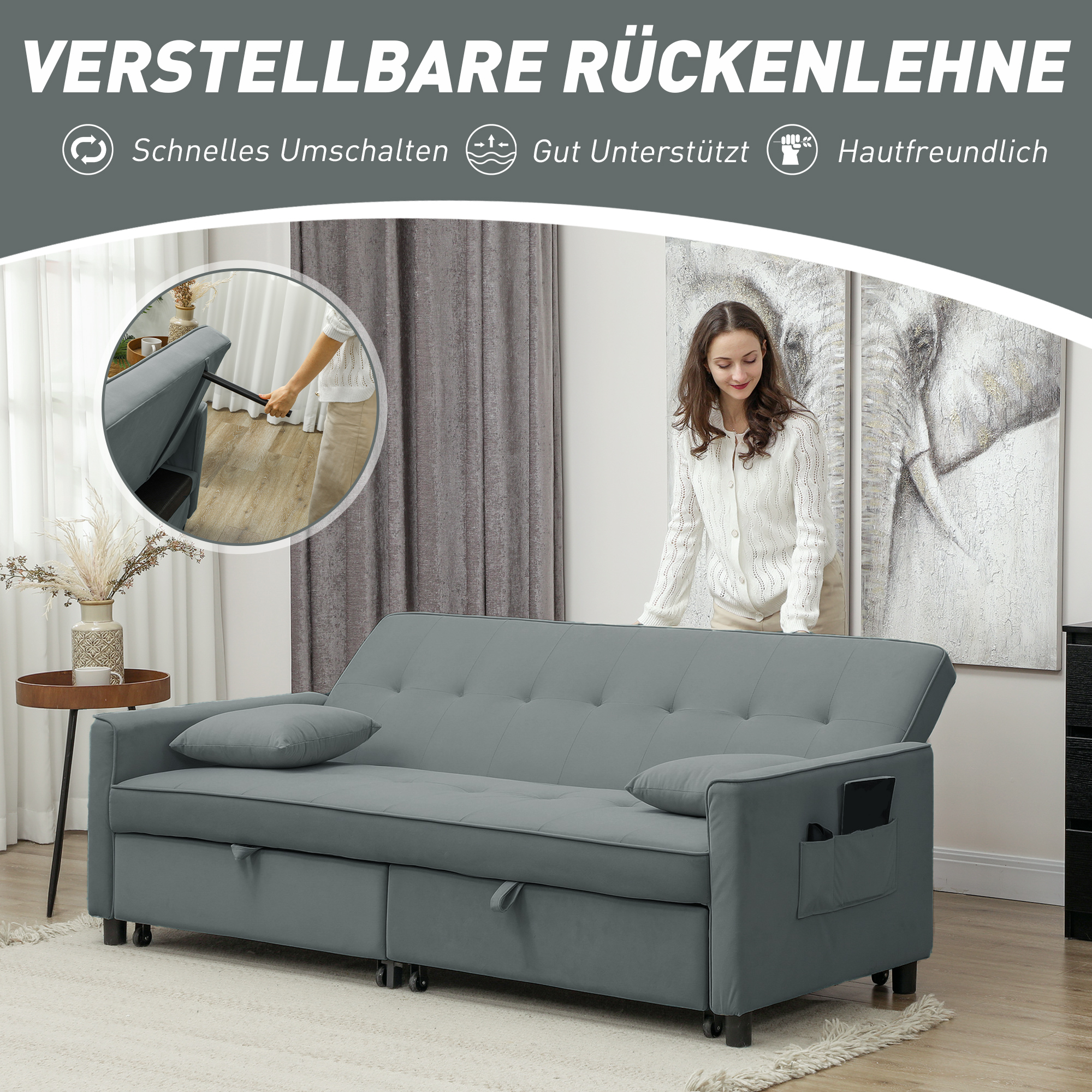 Sofabett, verstellbare 3-Sitzer-Couch mit Bettfunktion, Schlafsofa mit ausziehbarem Bett, Kissen, Grau