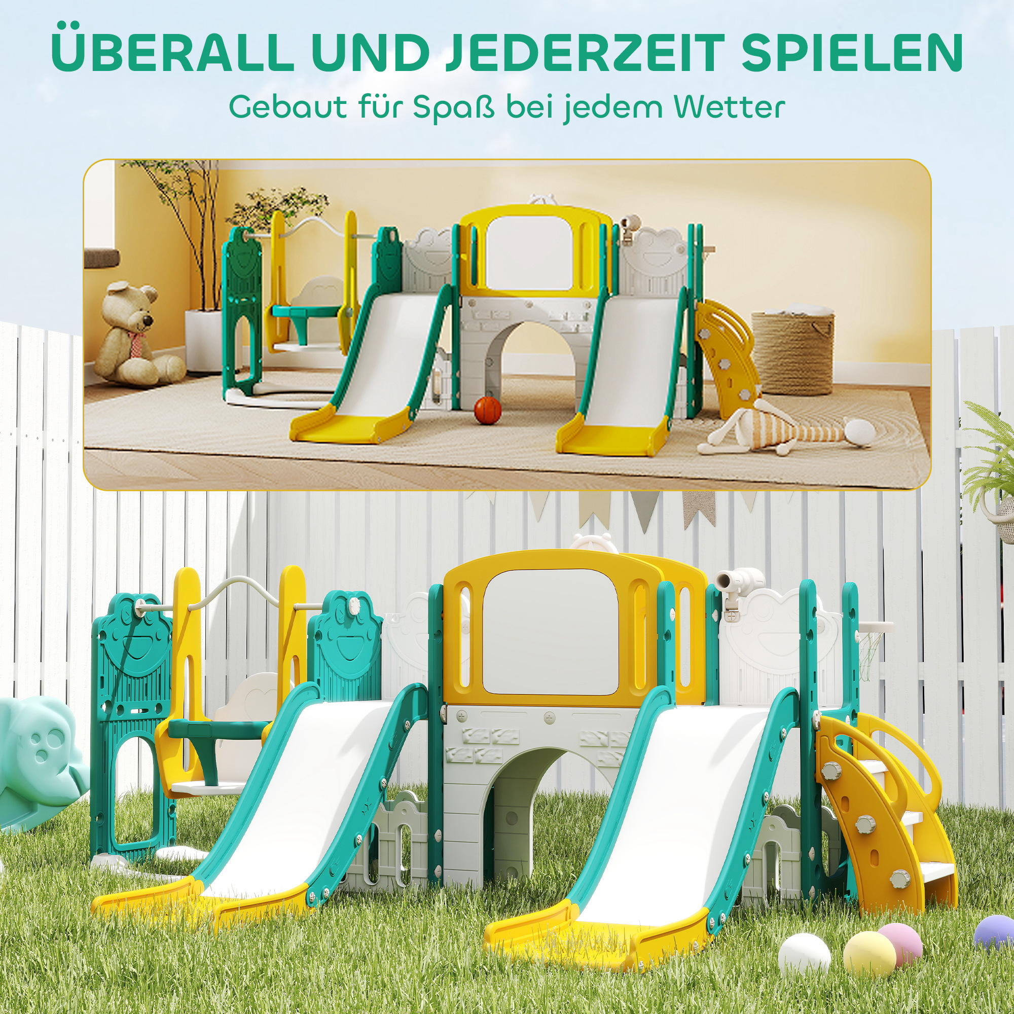 9-in-1 Rutschen- und Schaukelset für Kleinkinder, mit Basketballkorb, Teleskop, Zeichenbrett, Frosch-Design, Gelb+Grün