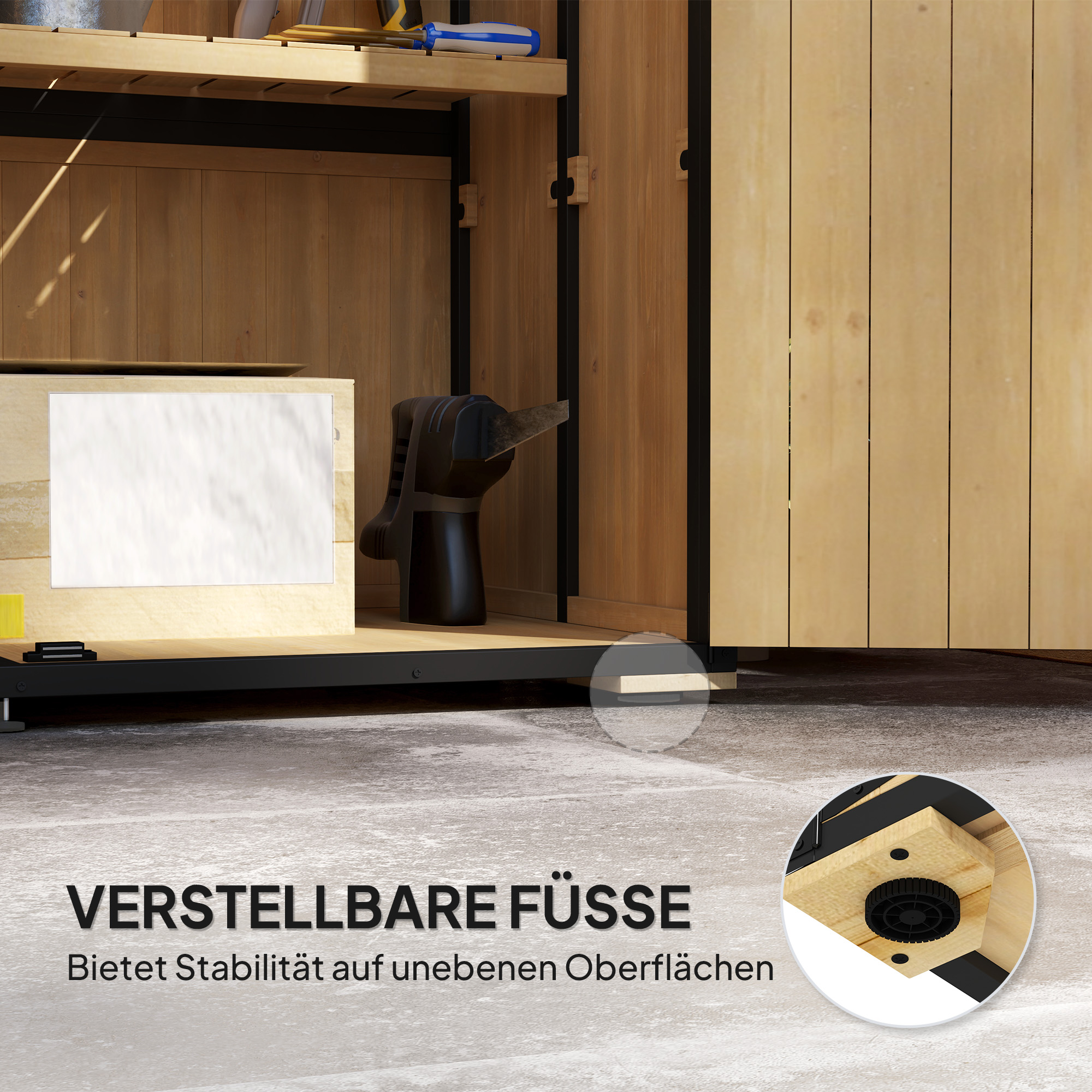 Gartenschrank aus Holz und Stahl, Outdoor-Werkzeugschrank mit Asphalt-Dach, 2 Regale, verschließbare Türen, Naturholz
