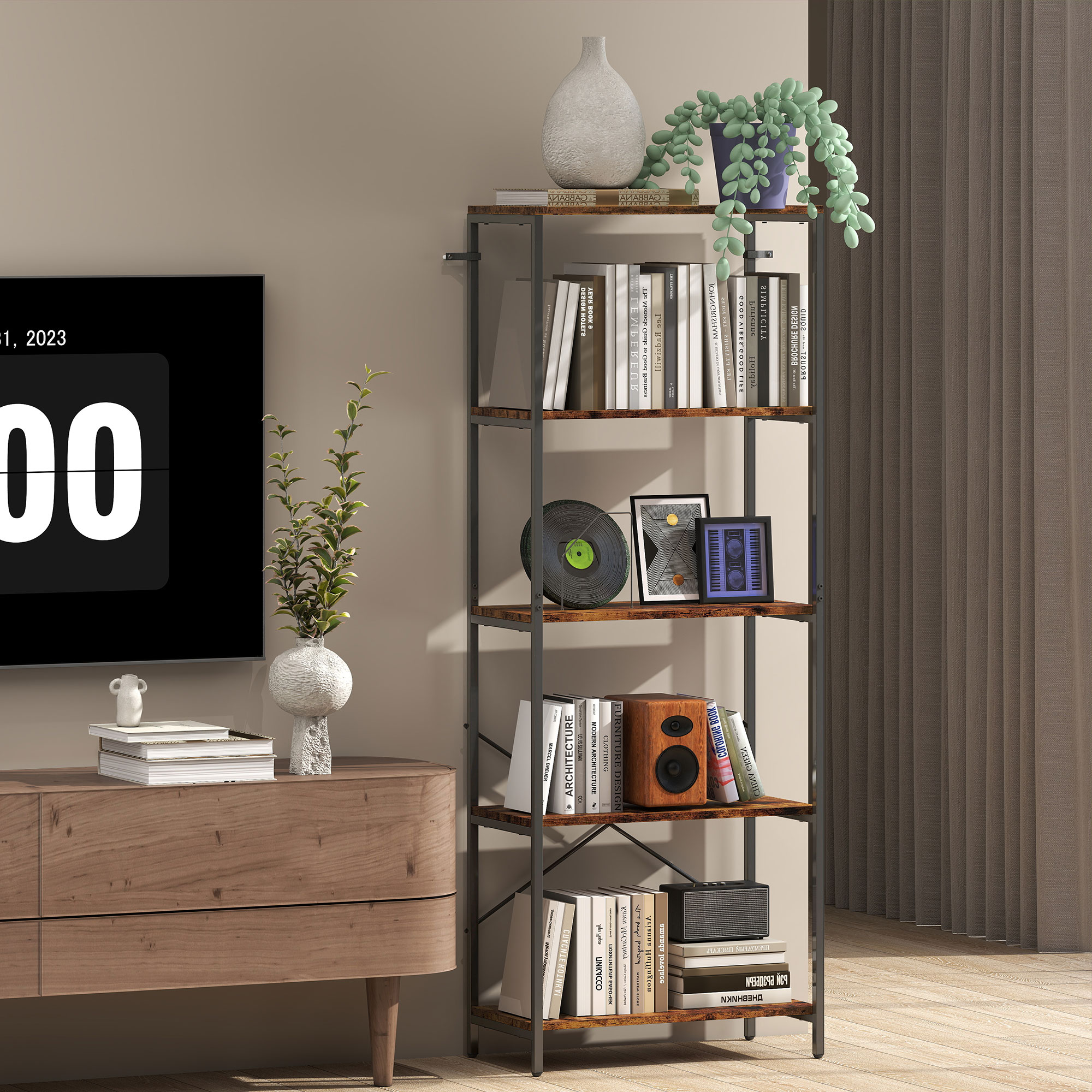 Bücherregal, 5 Ebenen, Metall, Melaminoberfläche, Braun