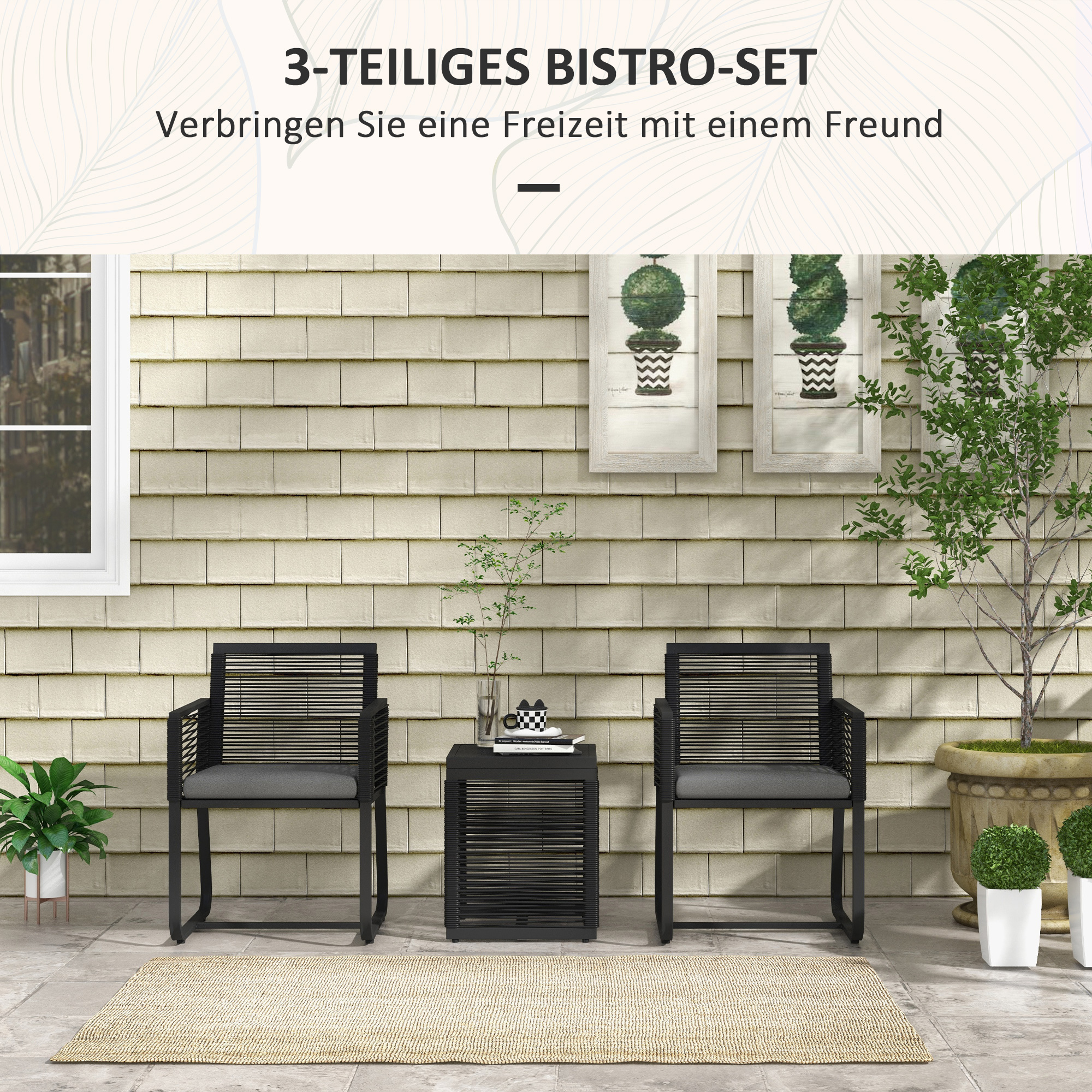 3-teiliges Bistro-Set Balkon-Set Terrassen-Set, wetterbeständig, modernes Design, 53 cm x 57 cm x 77 cm, Schwarz + Grau