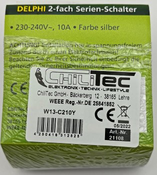 DELPHI Serien-Schalter 2-fach, 250V~/ 10A, inkl. Rahmen, UP, silber