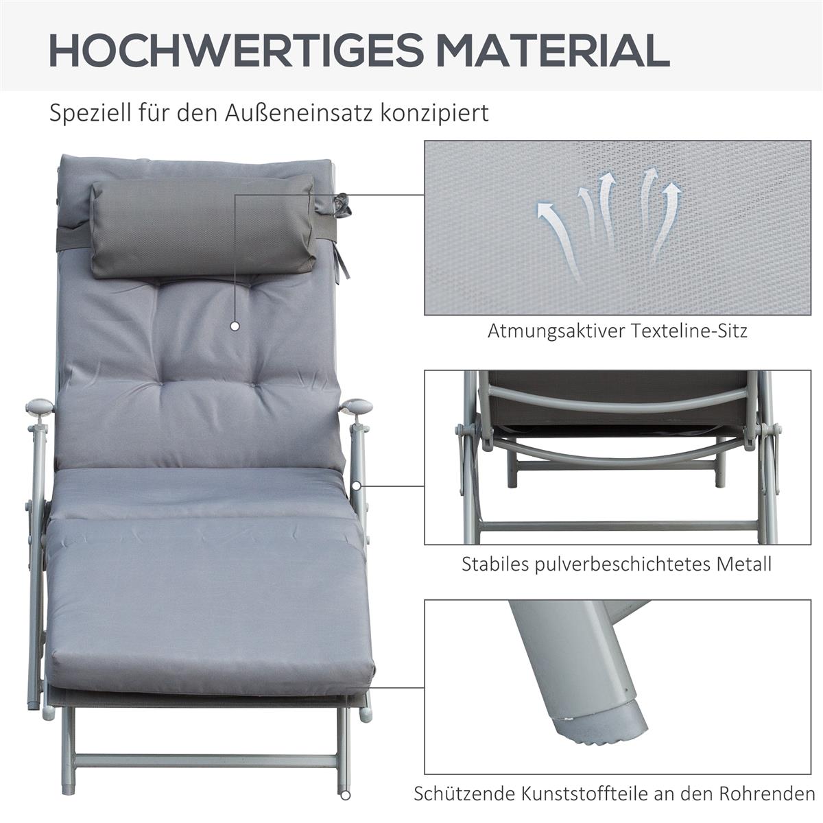 Sonnenliege klappbar Strandliege mit Kopfkissen Sitzkissen Liegestuhl mit 7-Fach verstellbare Rückenlehne Gartenliege Relaxliege bis 165 kg belastbar, für Garten Urlaub Outdoor, Grau