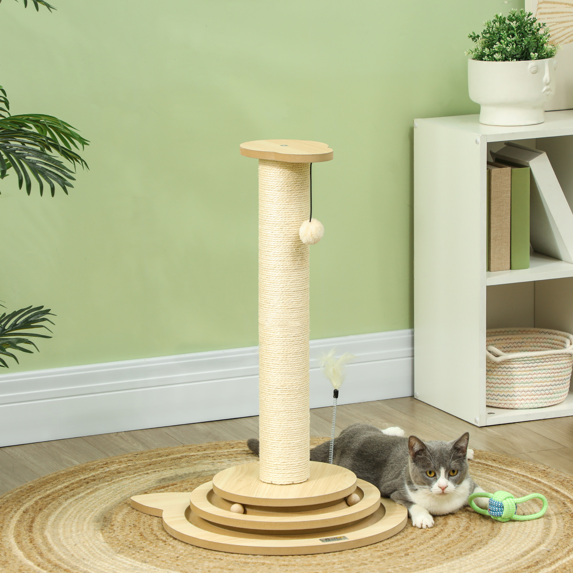 Katzenkratzbaum, 69 cm, Sisal-Kratzpfosten, Kugelbahn, Spielball, Spielfeder, 4-in-1-Design, Cremeweiß