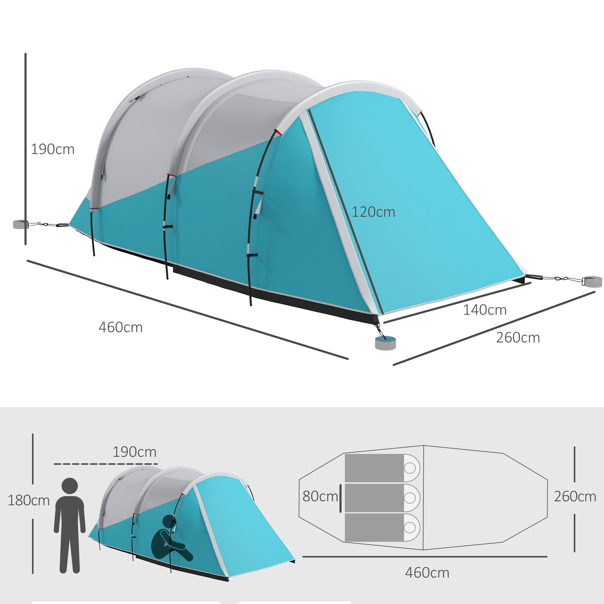 Campingzelt für 3 Personen, separate Wohn- & Schlafräume, 460L x 260B x 190H cm, Blau