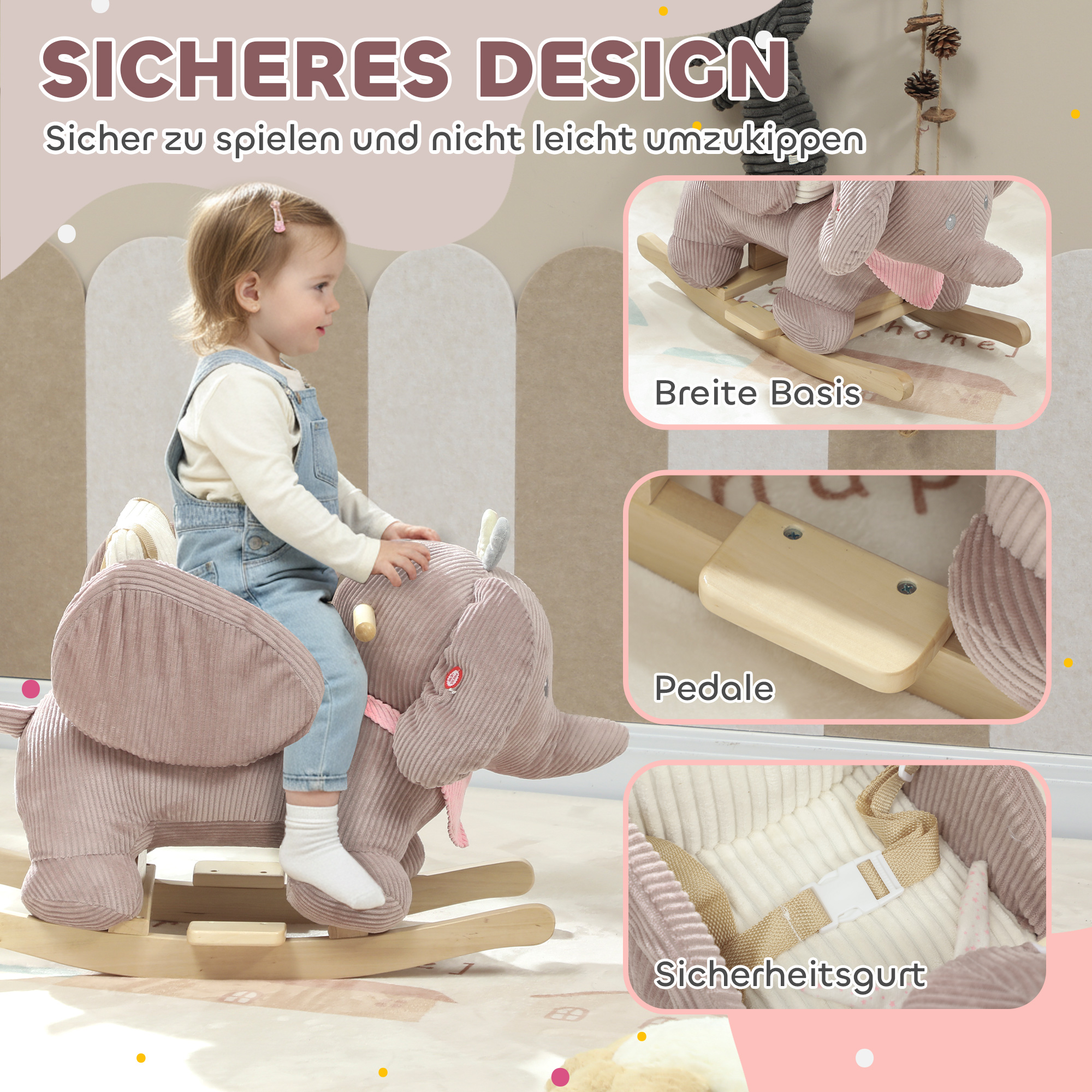 Schaukeltier, Elefant-Schaukel, interaktive Tiergeräusche, Holzrahmen, für Kinder 1,5-3 Jahre, 65 x 35 x 50 cm, Braun
