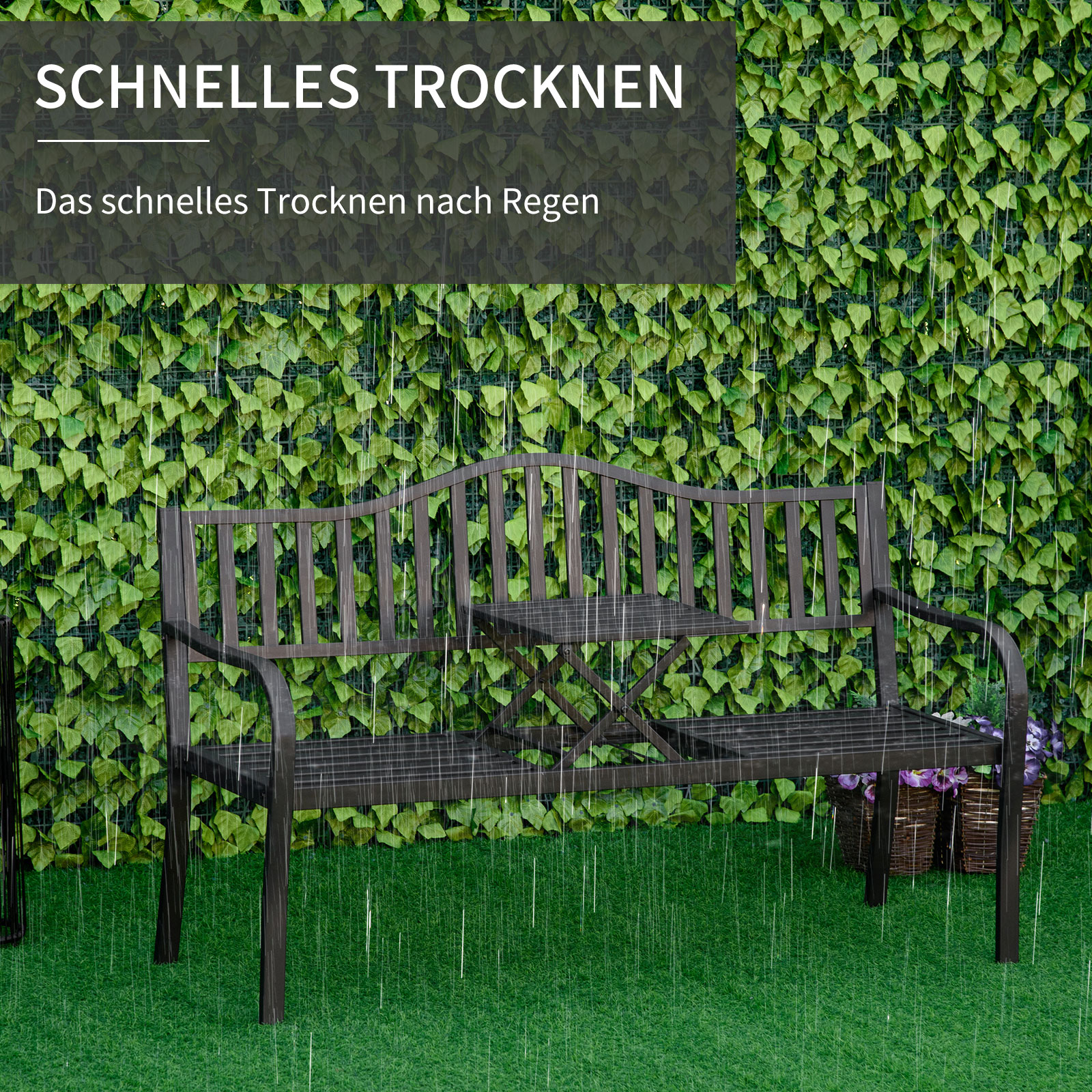 2-Sitzer Gartenbank robust Parkbank mit ausziehbarem Tisch Sitzbank Bank 240kg belastbar Terrassenbank mit Rücken- & Armlehnen Gartenmöbel für Terrasse, Garten 150 x 58,5 x 90 cm Schwarz