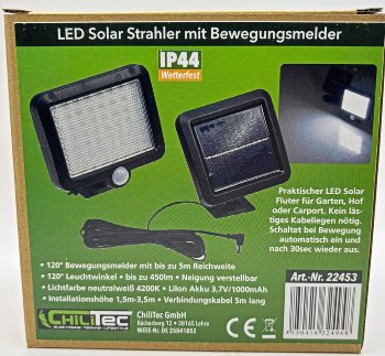 LED Solar Wandleuchte m. Bewegungsmelder, 300lm, 6000K, Akku, externe Solarzelle