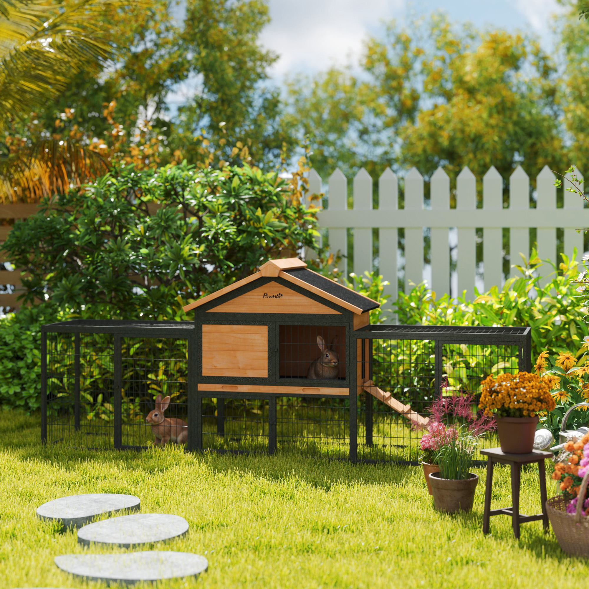 Hasenstall 2 Ebenen Kaninchenstall aus Vollholz Winterfest Doppelstockhaus mit Freilaufgehege 217x53x86 cm Gelb