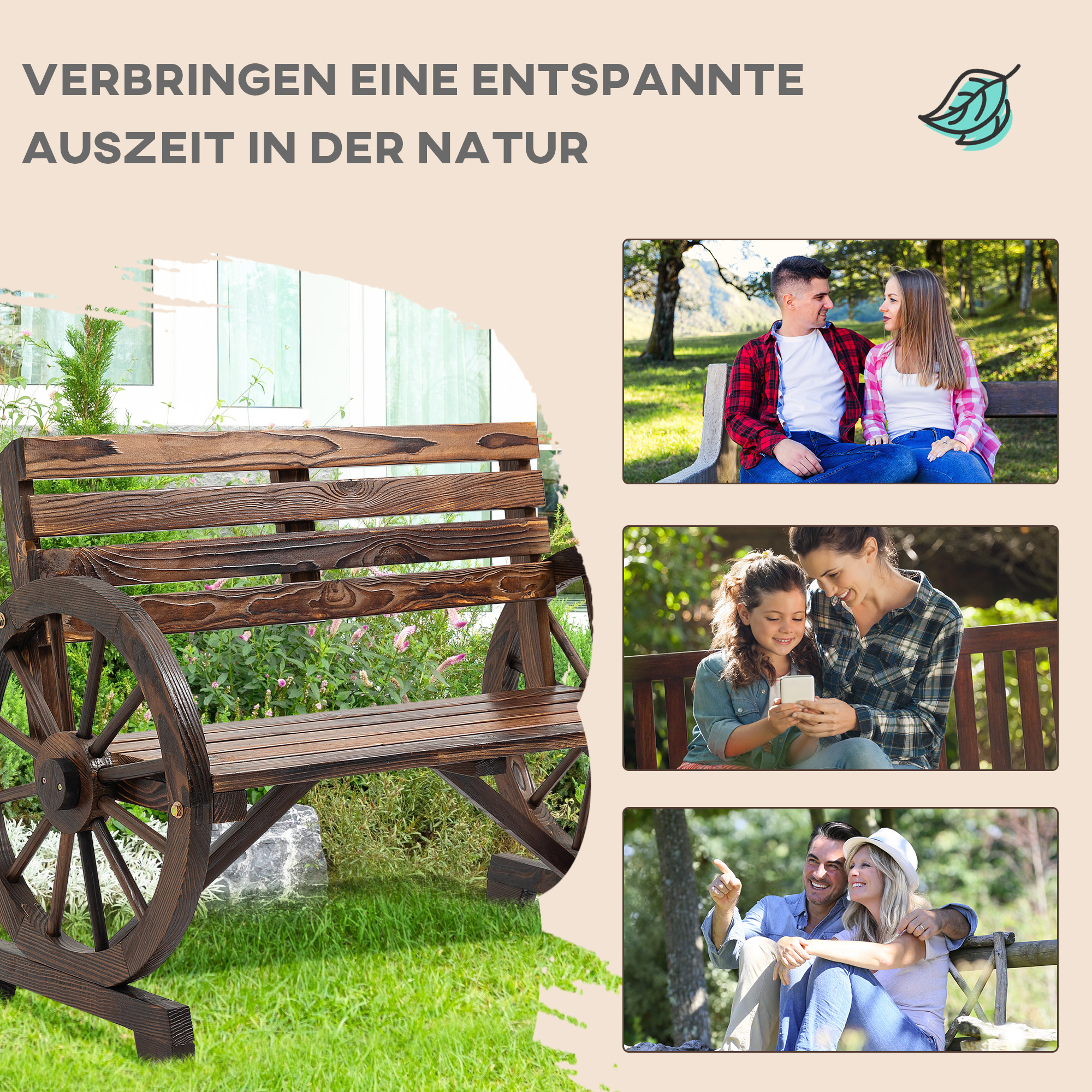 Gartenbank, Wagenrad-Design, für 2 Personen, Naturholz, dunkelbraun, 105,5 x 56 x 79cm