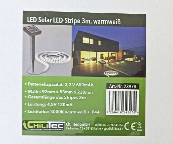 LED Solar LED-Stripe 3m, warmweiß 3000K, IP44, Dämmerungssensor