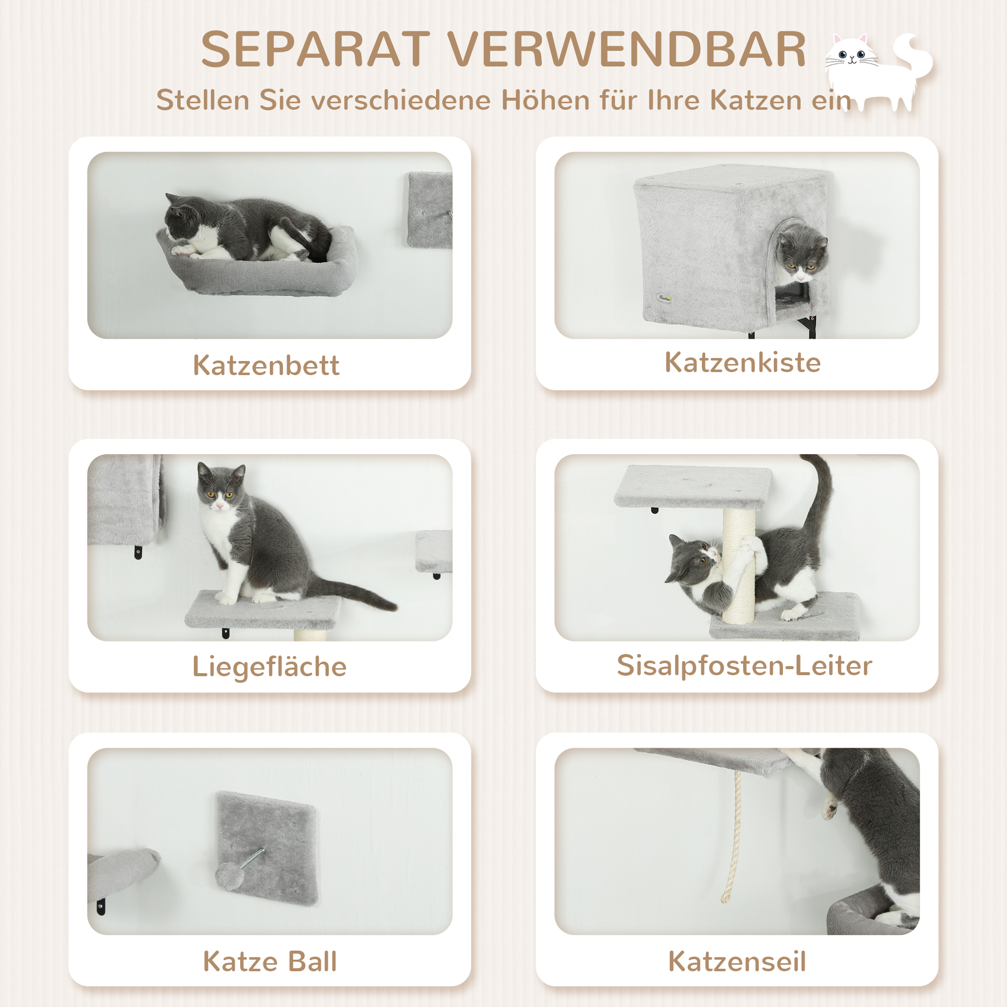 Kletterwand Katzen 7-teilig Katzen Kletterwand Set mit Katzenhaus, Plattform, Plattform Grau