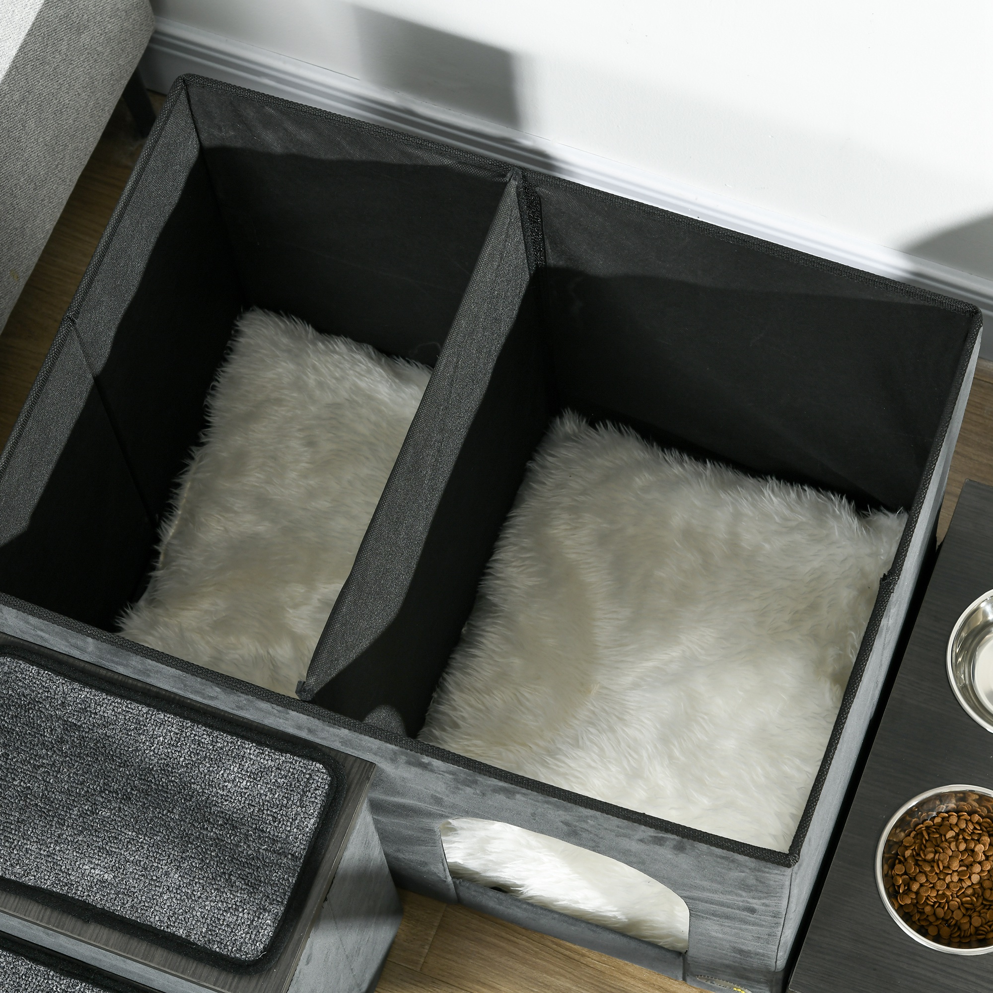 Katzenhaus Katzenhütte Katzenhöhle, 3 Haustiertreppen, 2 Fressnäpfe, 70 x 50 x 51, cm,  Grau