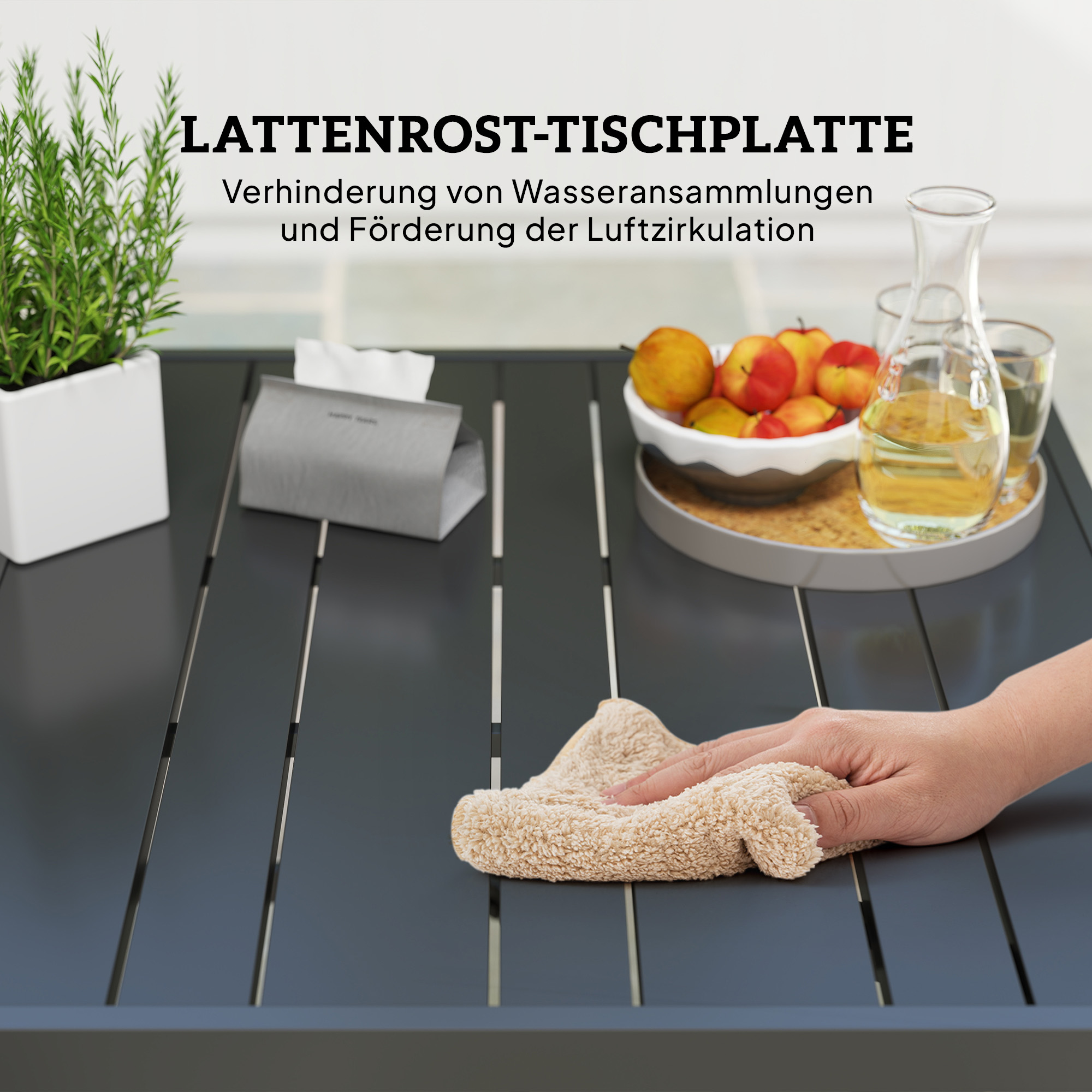 Gartentisch 152x90 cm, Wetterfest Balkontisch aus Stahl, Beistelltisch mit Schirmloch, Latten-Design Schwarz