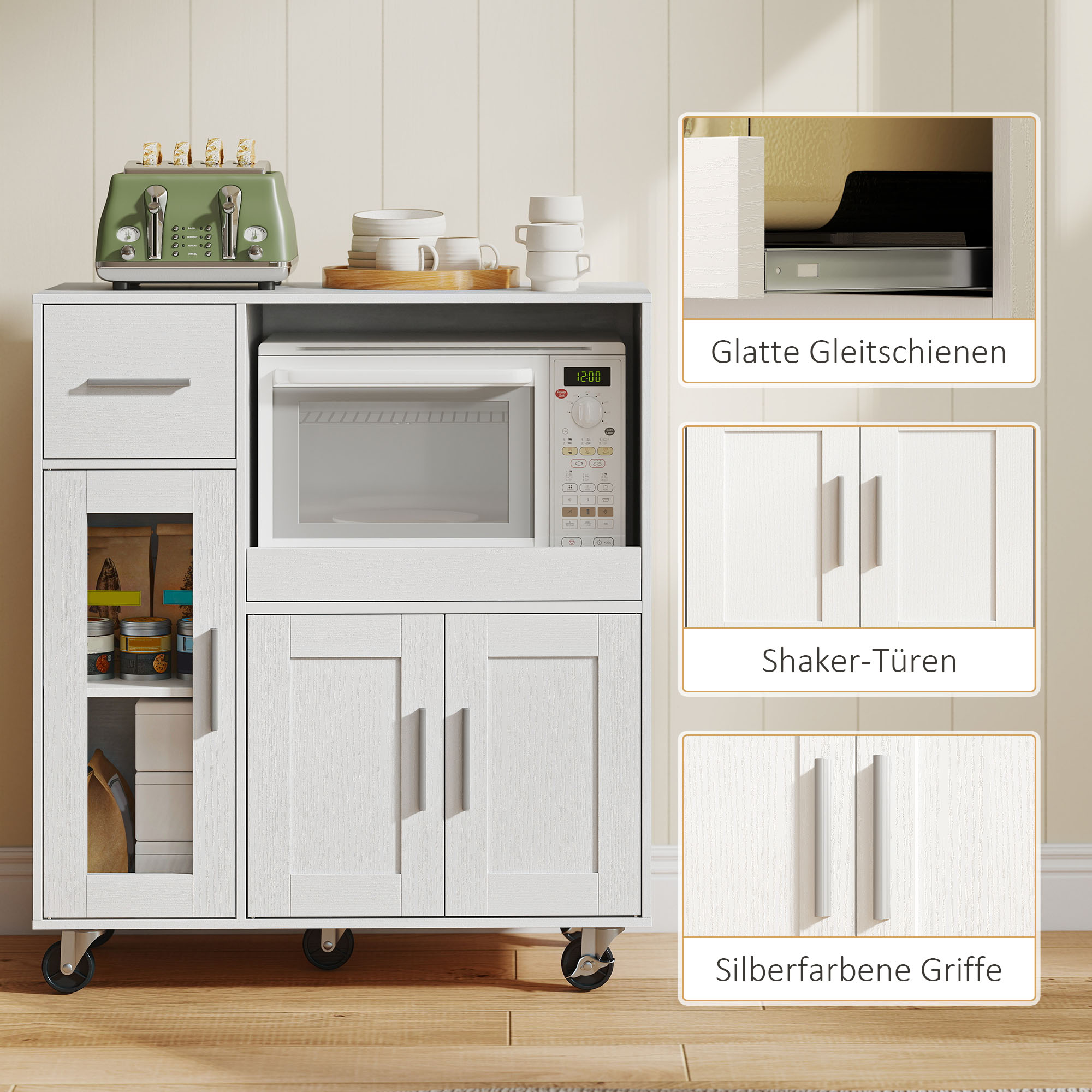 Küchenschrank auf Rädern, Mobile Küchenkommode mit Ablagen, Schubladen, verstellbarem Regal, Kabelloch, Weiß