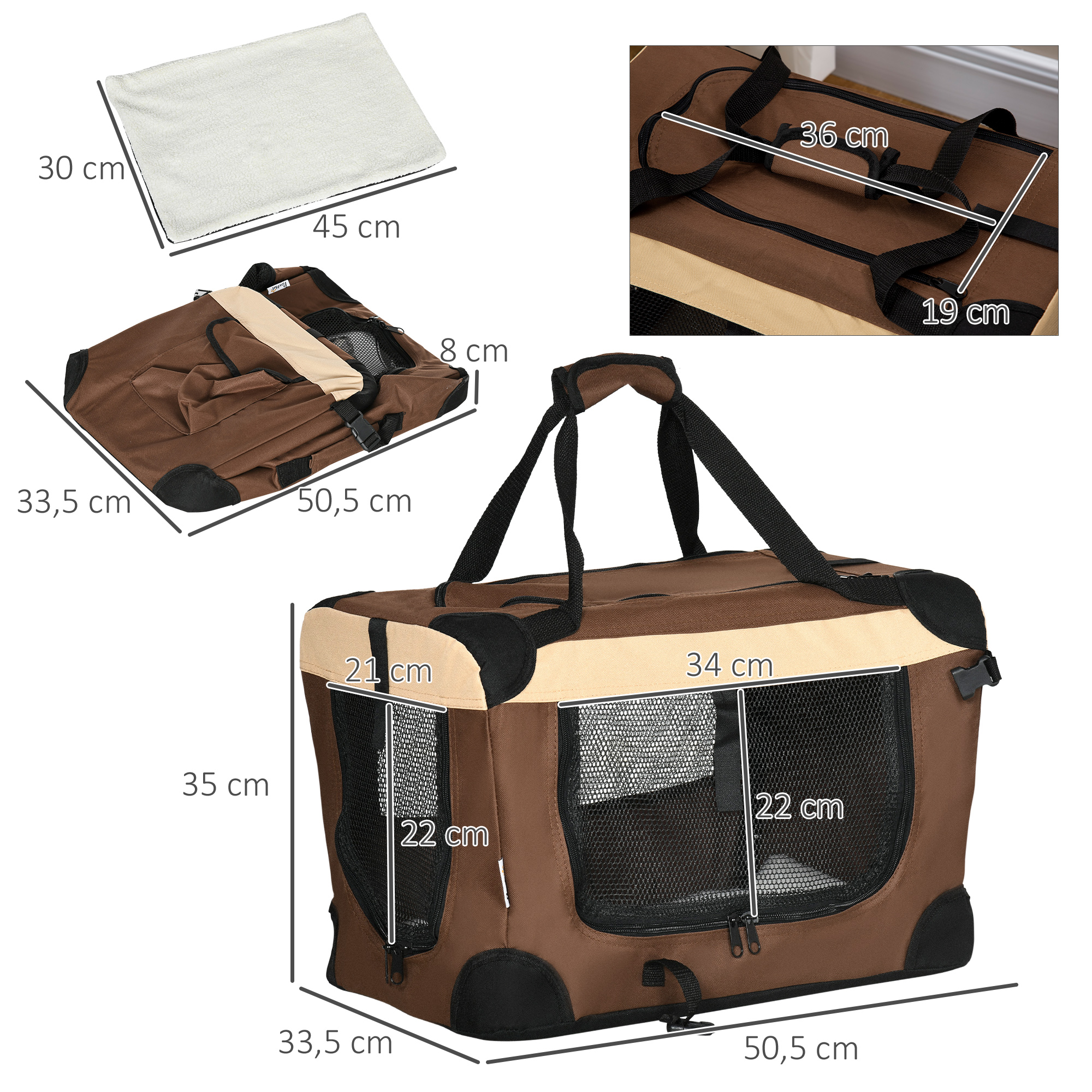 Hundetasche Hundetransporttasche, 3 Eingänge, faltbar, 70 x 51 x 50 cm, Braun + Beige