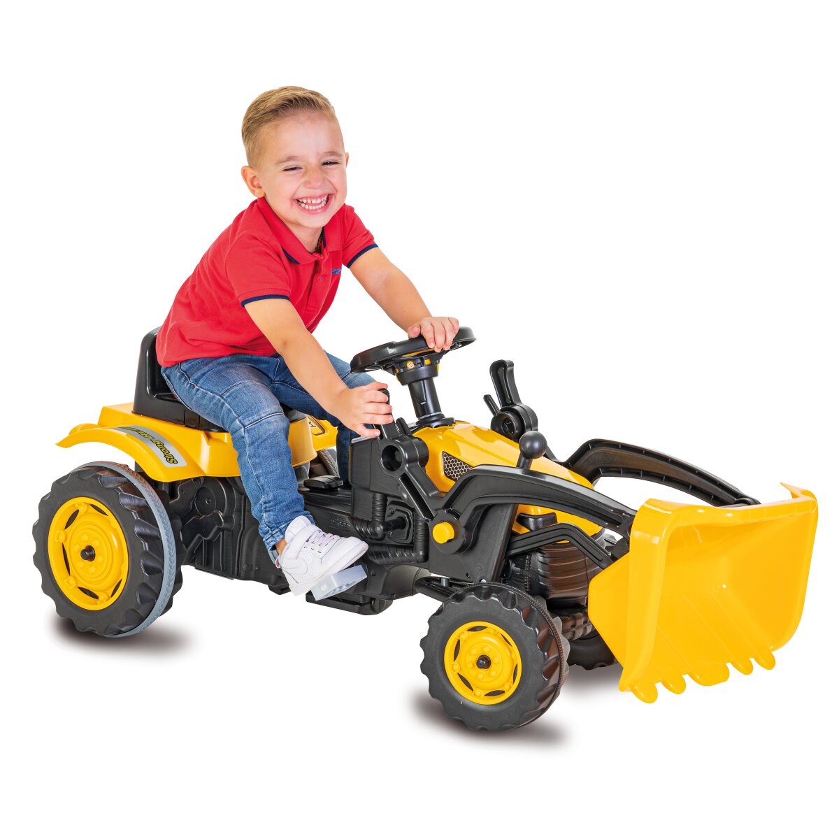 Trettraktor mit Frontlader Strong Bull gelb Trettraktor mit Frontlader Strong Bull gelb