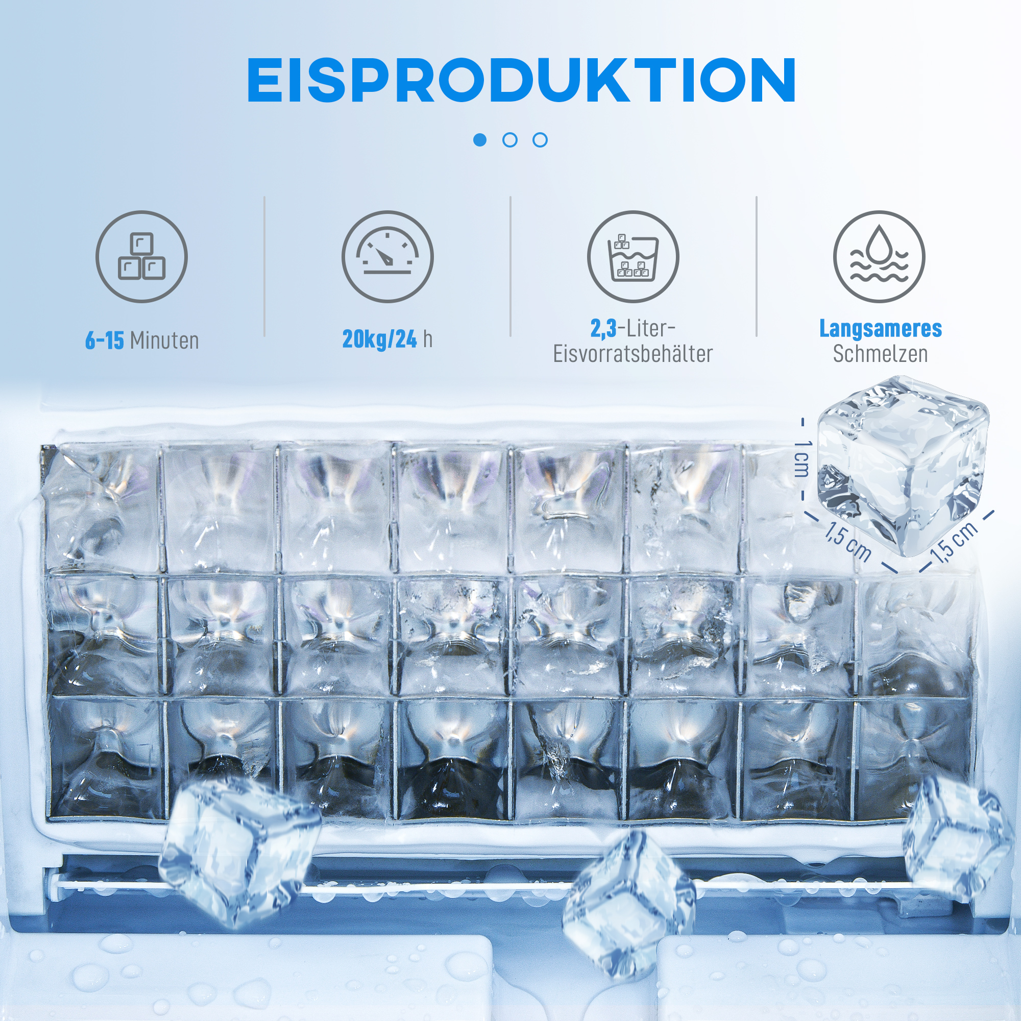 Eiswürfelmaschine, Eiswürfelspender, Ice-Maker, 20 kg/24h Eiswürfelbereiter mit 2,1 L Wassertank, Silber