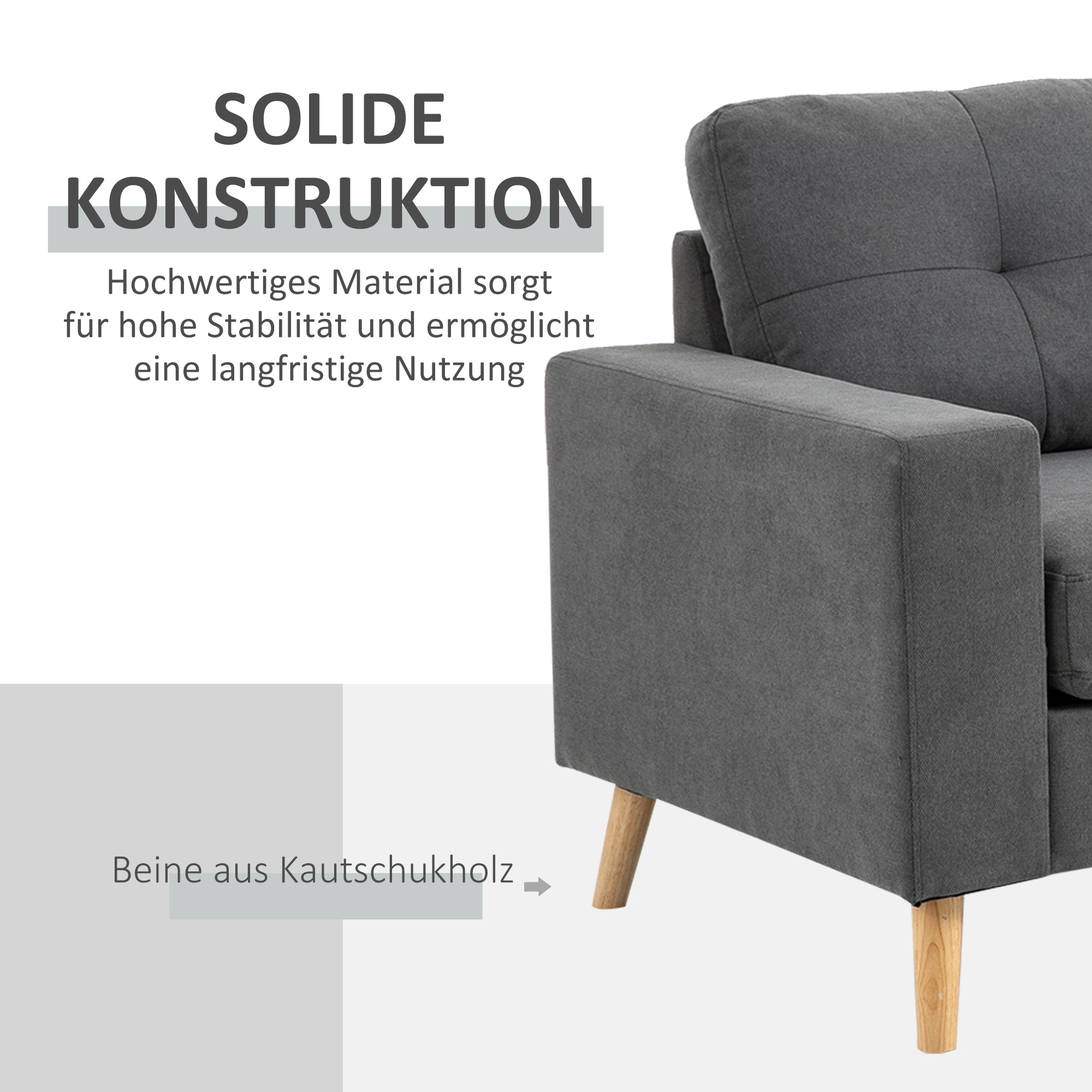 Ecksofa im Skandidesign, mit Knopfheftung, Massivholz, Leinenoptik, Grau