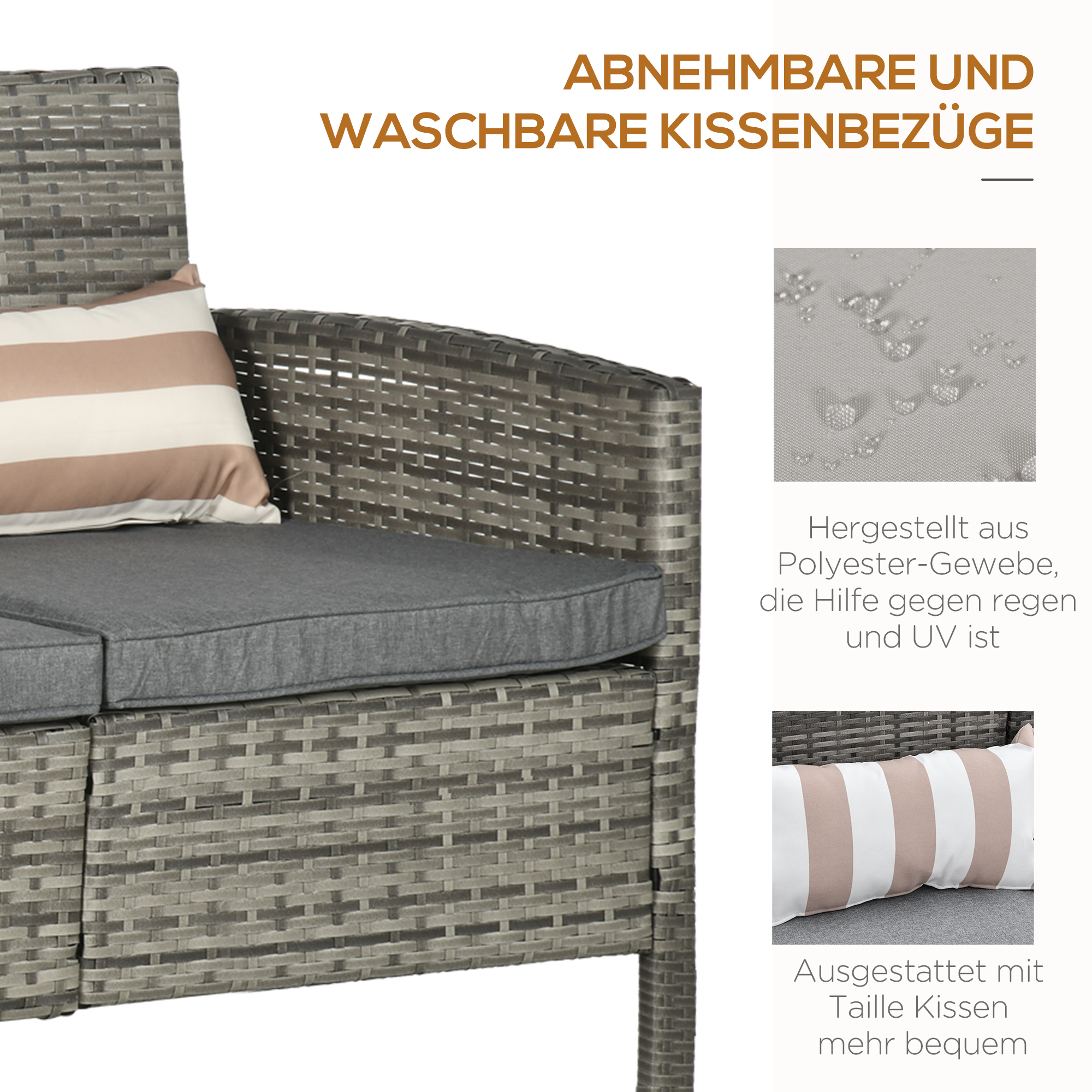 Rattan Sofa mit Kissen, Dreisitzer, Garten Loungesofa, Stahl, Grau, 173 x 68 x 78 cm