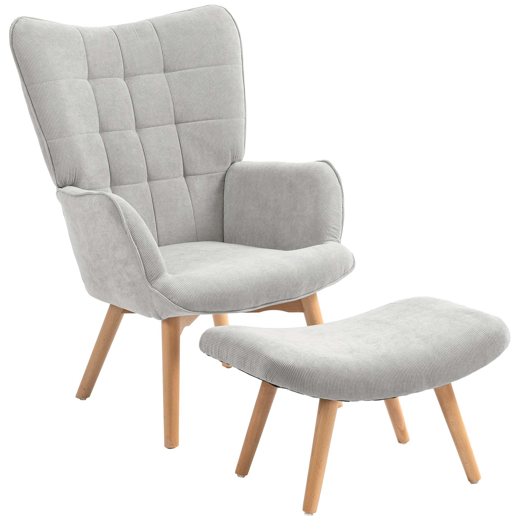 Akzentsessel mit Hocker, Relaxsessel in Cord-Optik, Armlehnstuhl mit Holzbeinen, für Wohnzimmer, Grau Akzentsessel mit Hocker, Relaxsessel in Cord-Optik, Armlehnstuhl mit Holzbeinen, für Wohnzimmer, Grau
