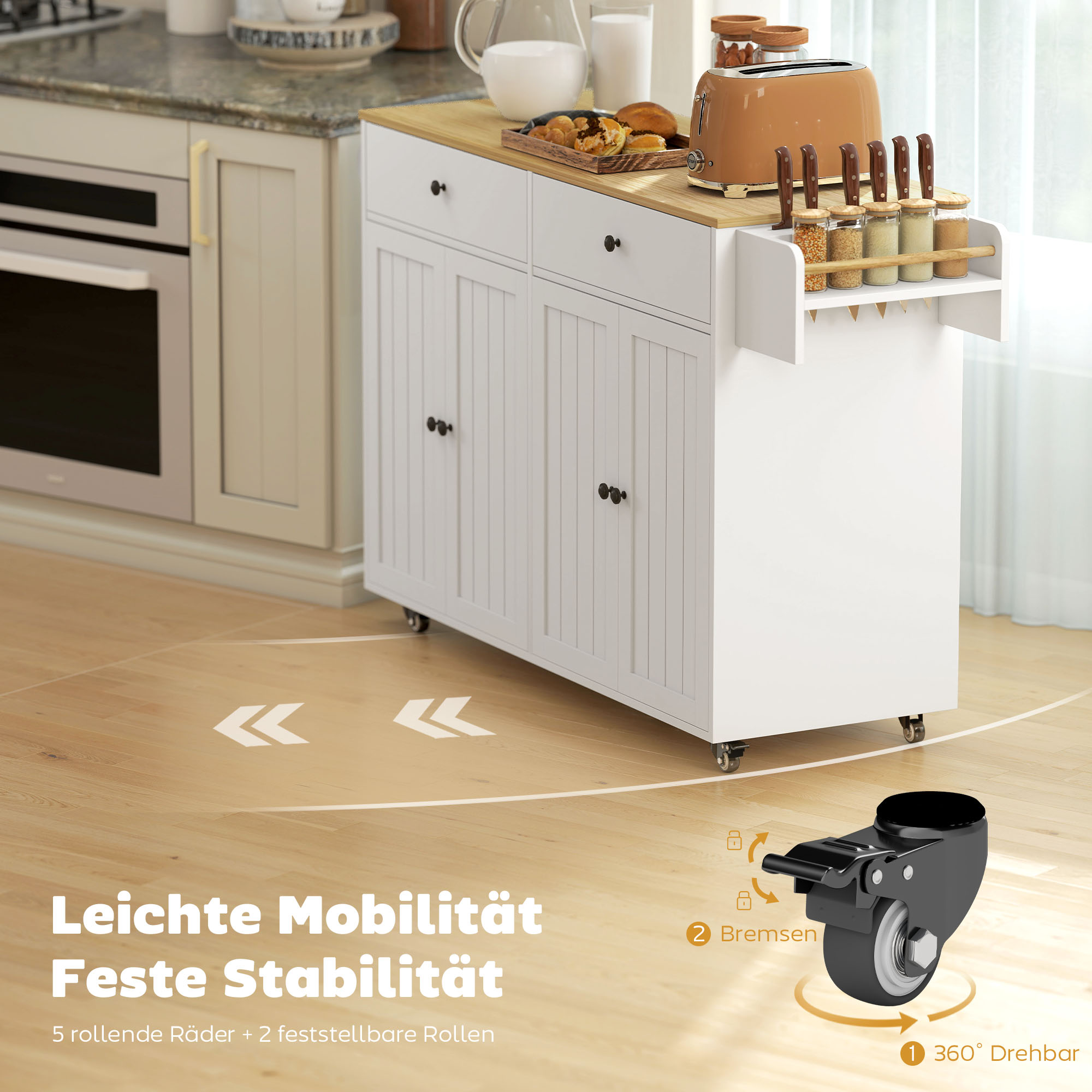 Rollbare Kücheninsel, 2 Schubladen, 2 Schränke, verschiebbar, Gewürzregal, Handtuchhalter, Messerhalter, MDF, Weiß