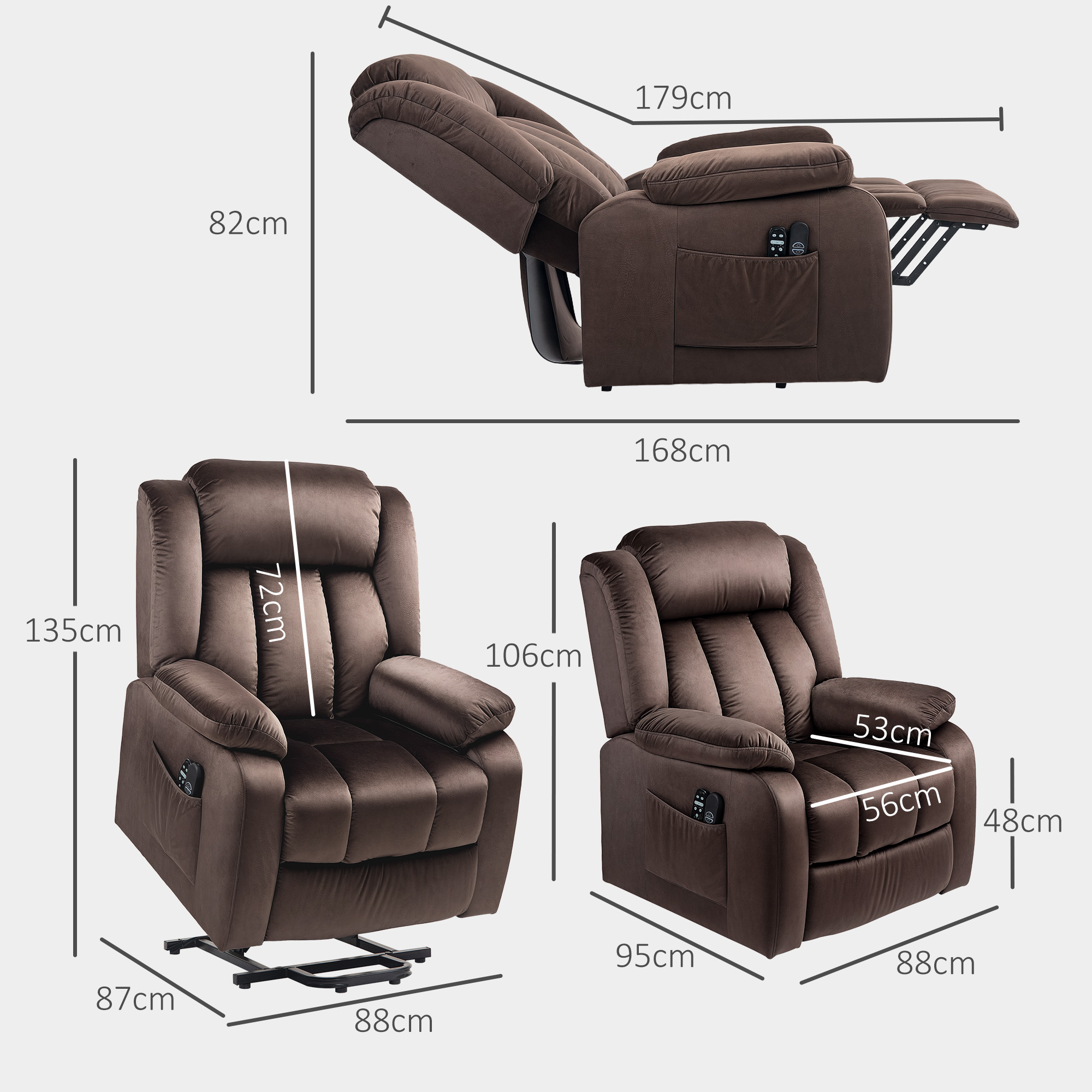 Aufstehsessel mit Massagefunktion und Lendenheizung, Recliner-Sessel mit Fernbedienungen und Seitentaschen, Braun
