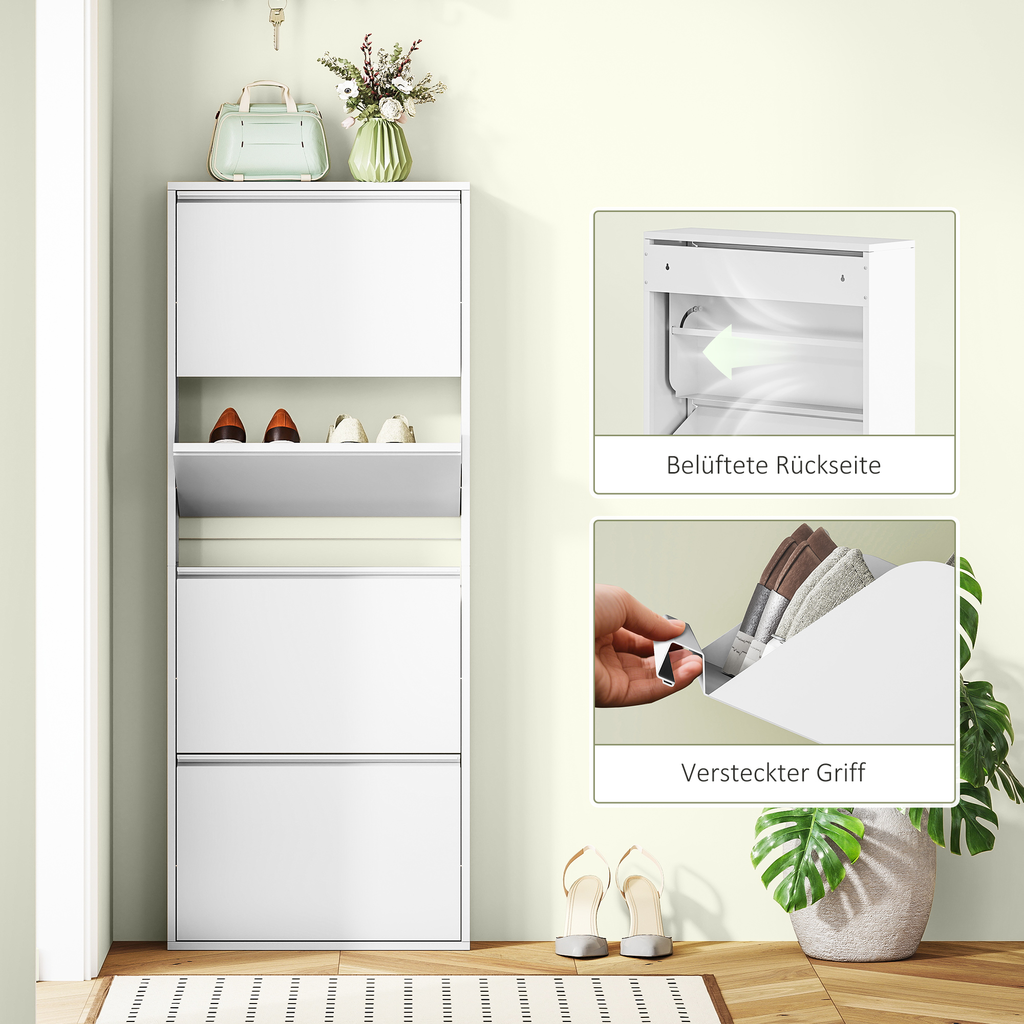 Schmaler Schuhschrank aus Metall für bis zu 8 Paar Schuhe, 4 Kippschubladen, für Flur, Eingangsbereich, Weiß