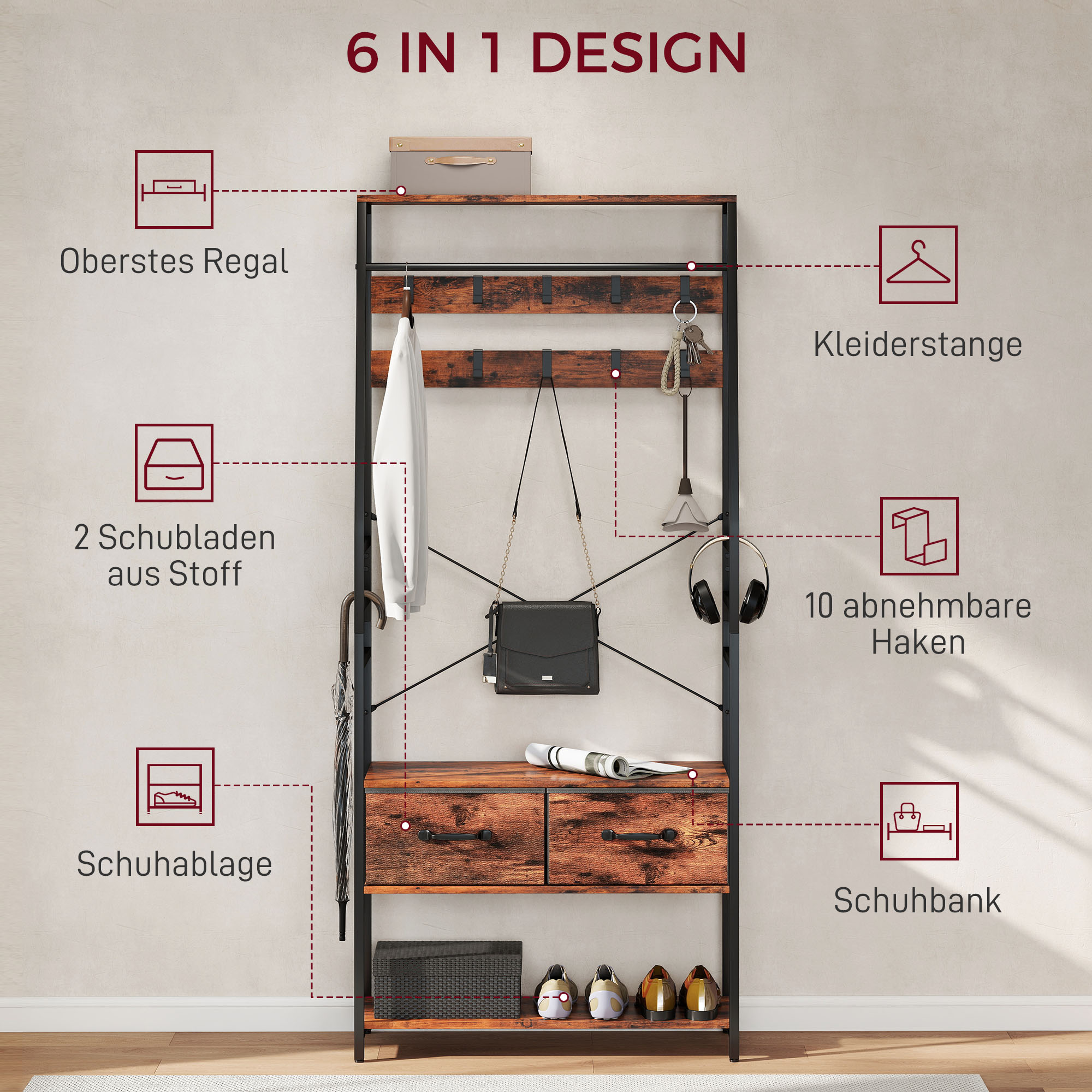 Garderobe mit Schuhregal, Mantelständer mit Sitzbank, 10 Haken, 2 Stoffschubladen, Kleiderstange, Spanplatte, Metall, Braun