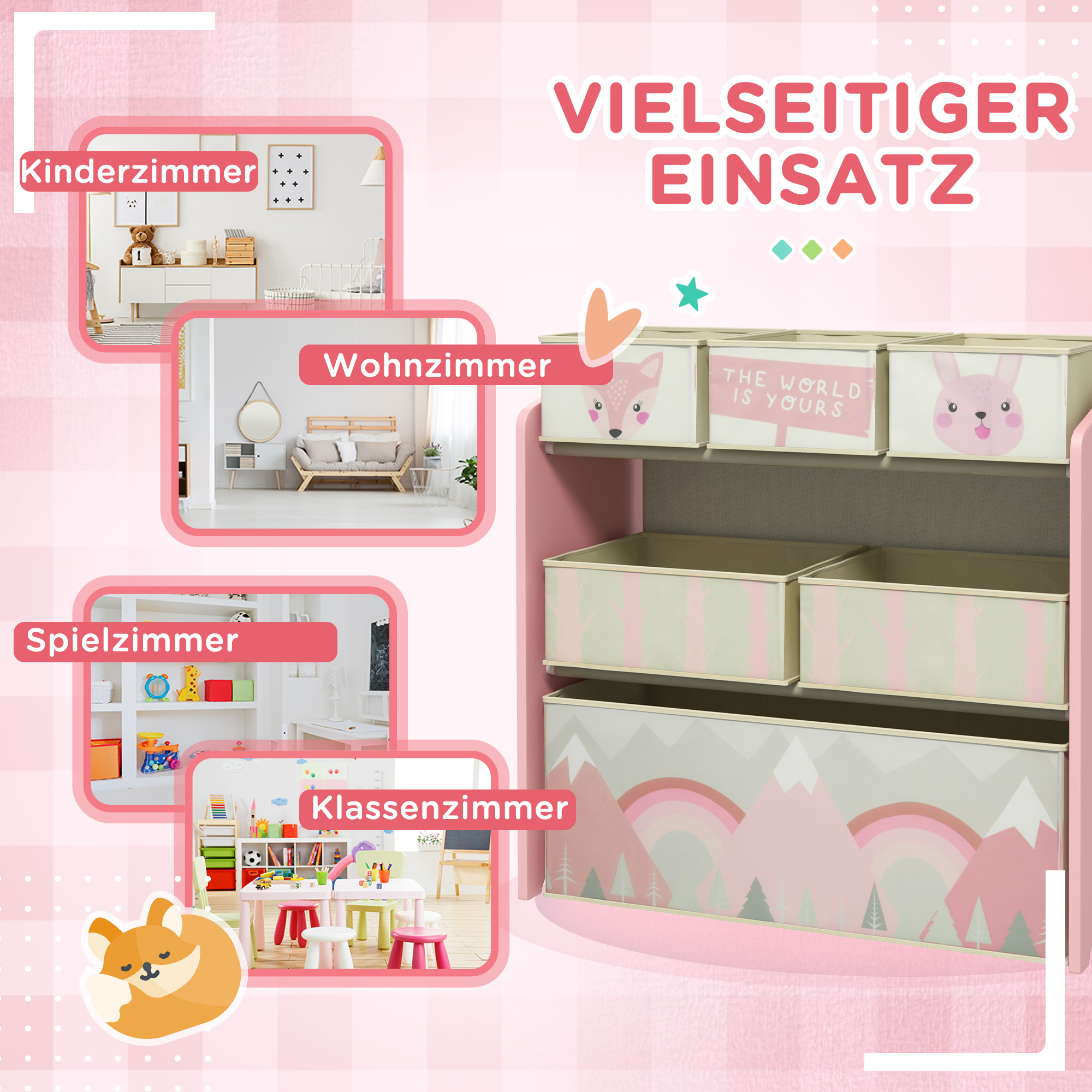 Kinderschrank mit 6 Stoffboxen, niedliches Motiv, 63x30x66 cm, Rosa