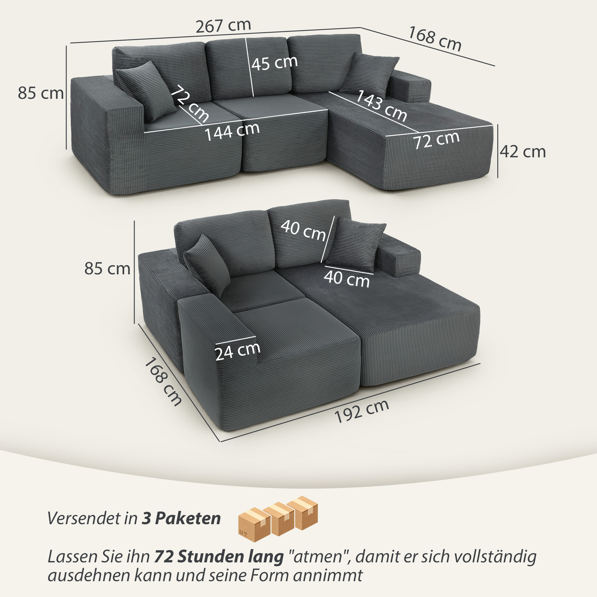 Modulares Ecksofa, L-förmiges Sofa-Bett mit tiefem Sitz, breiten Armlehnen, 2 Kissen, Dunkelgrau