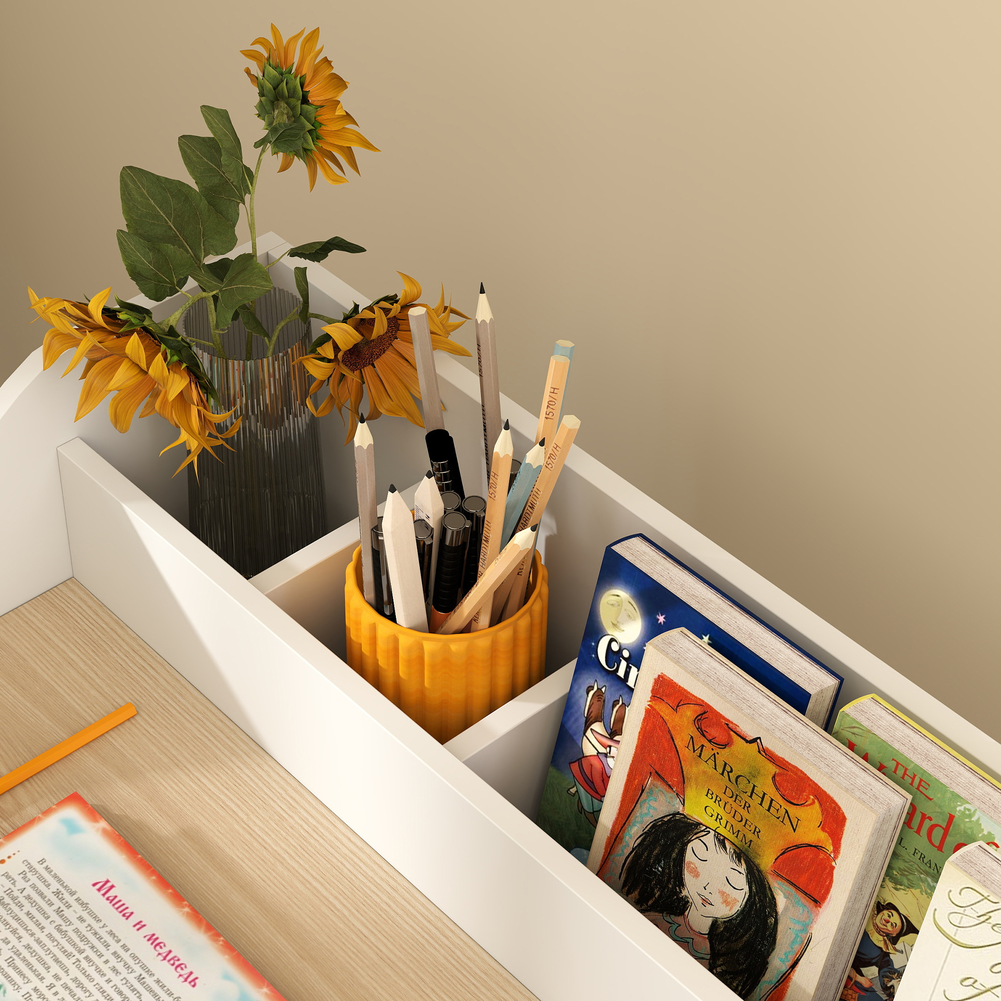 Kinder-Schreibtisch-Set mit Stauraum, offene Fächer, Stuhl, 3-8 Jahre, Holz