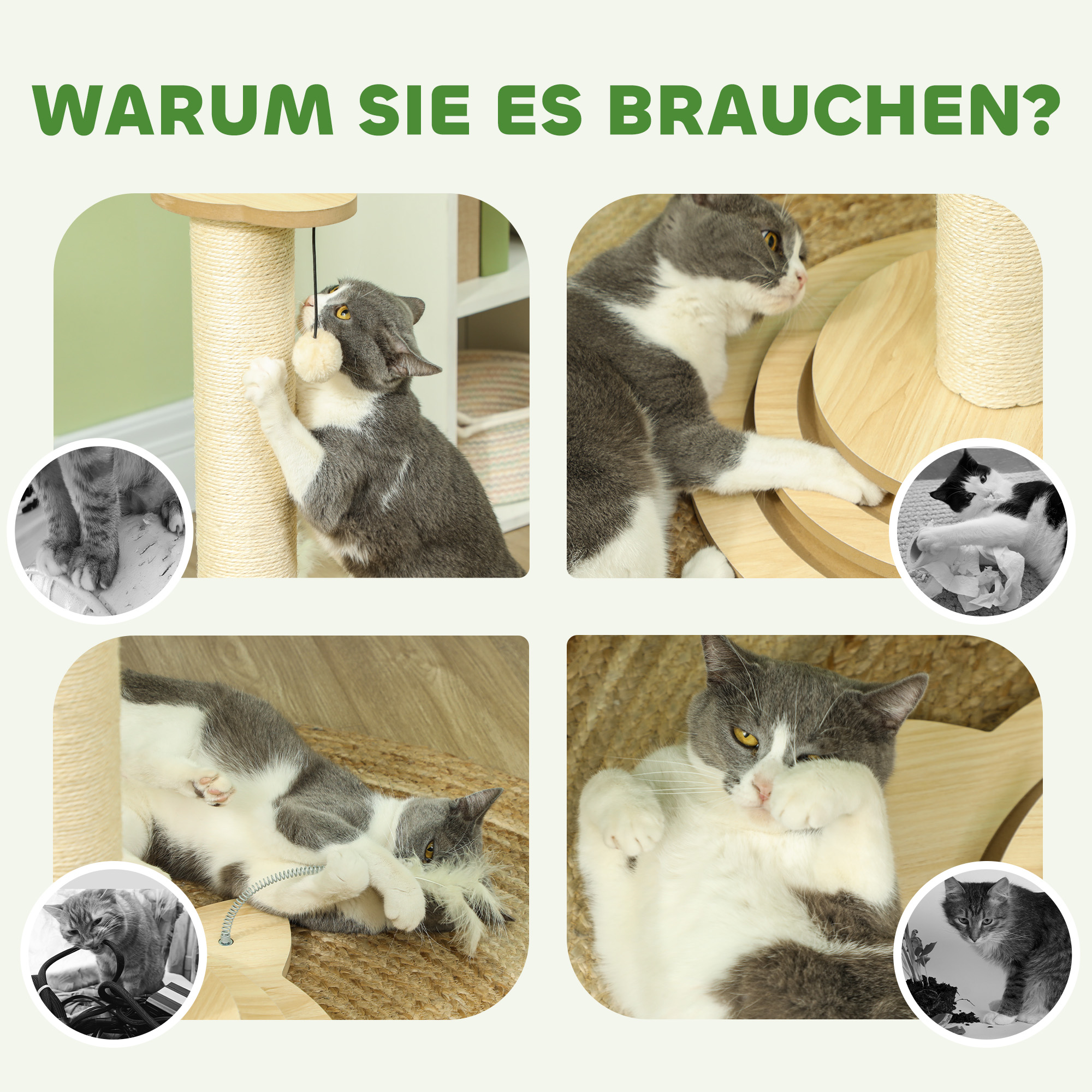 Katzenkratzbaum, 69 cm, Sisal-Kratzpfosten, Kugelbahn, Spielball, Spielfeder, 4-in-1-Design, Cremeweiß