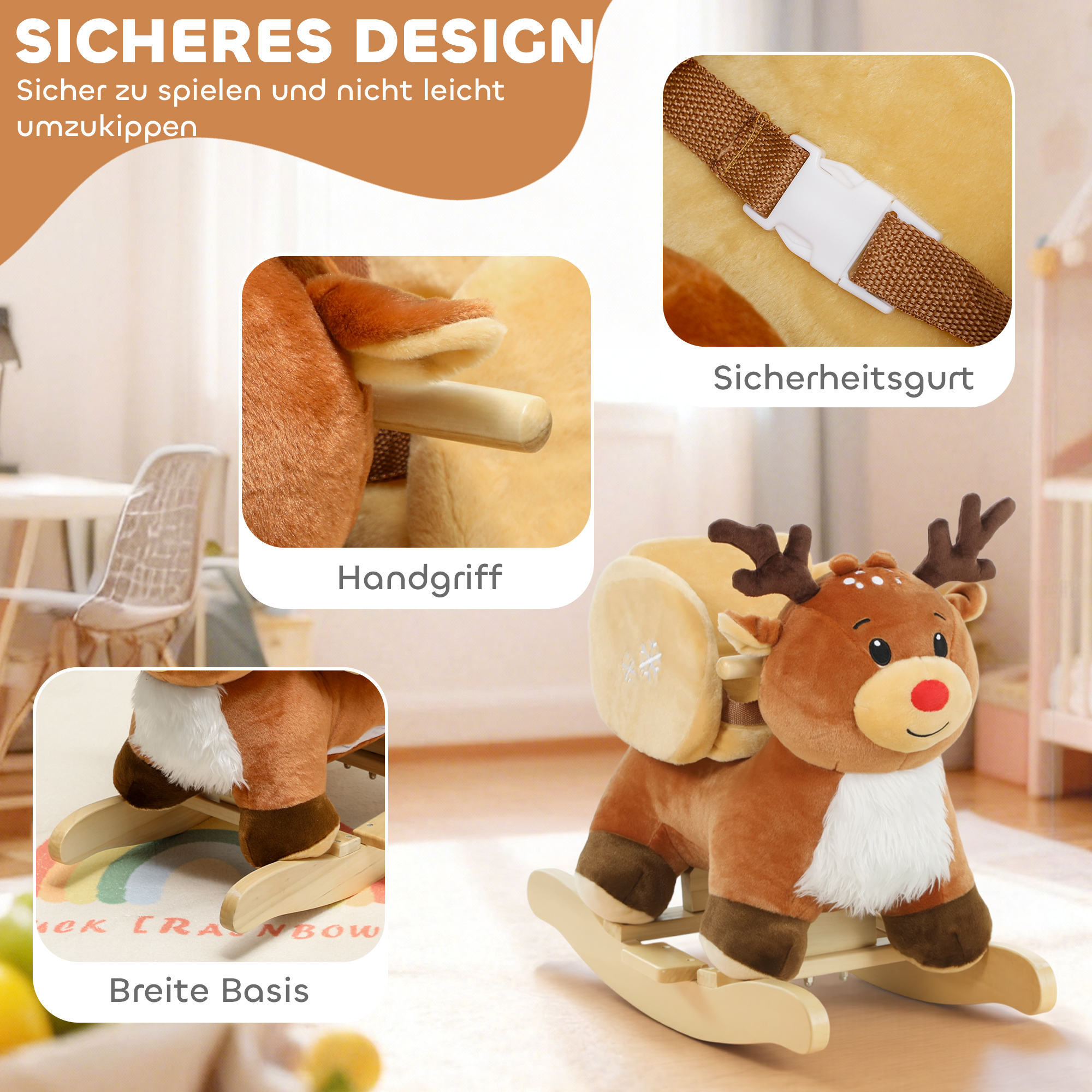 Kinder Schaukelpferd Baby Schaukeltier Rentier mit Schlafliedern, für 18-36 Monate Plüsch 65 x 35 x 59 cm Braun