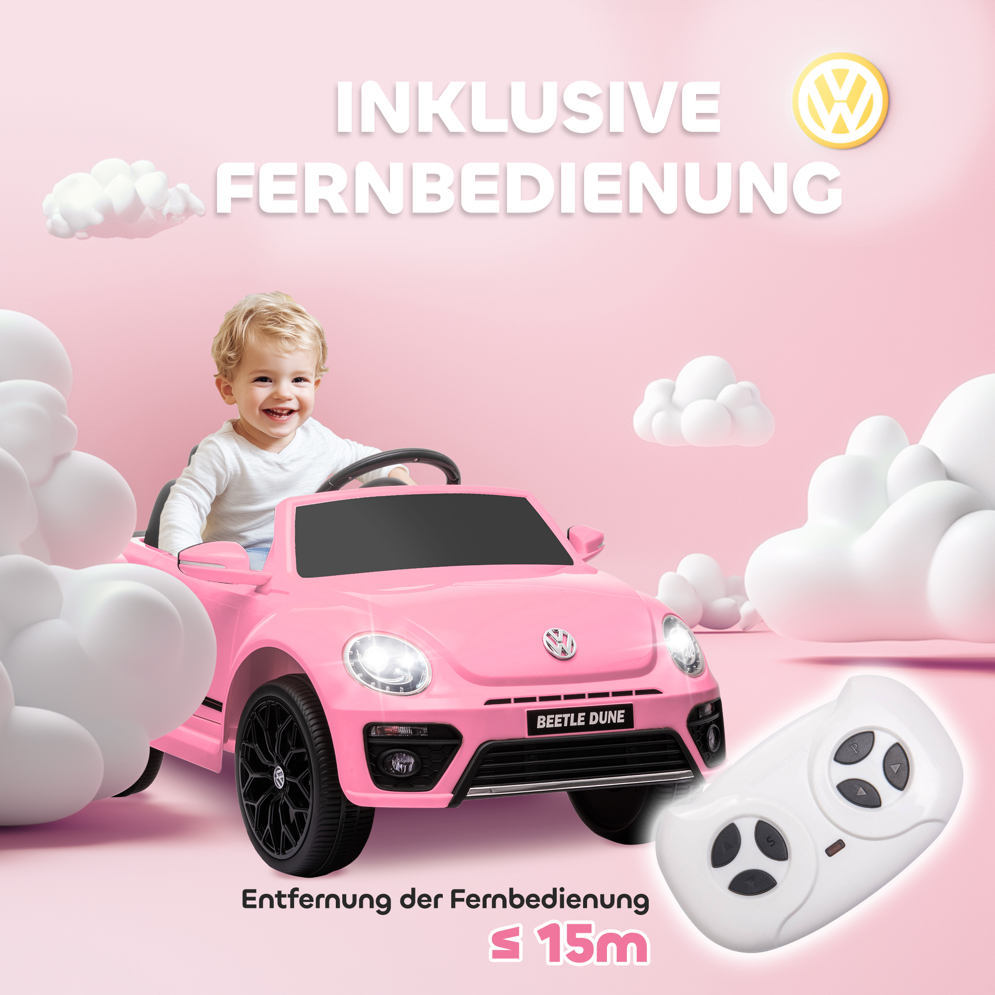 Elektro-Kinderfahrzeug, VW Käfer, 3-5 km/h, mit Fernbedienung & Musik, Rosa