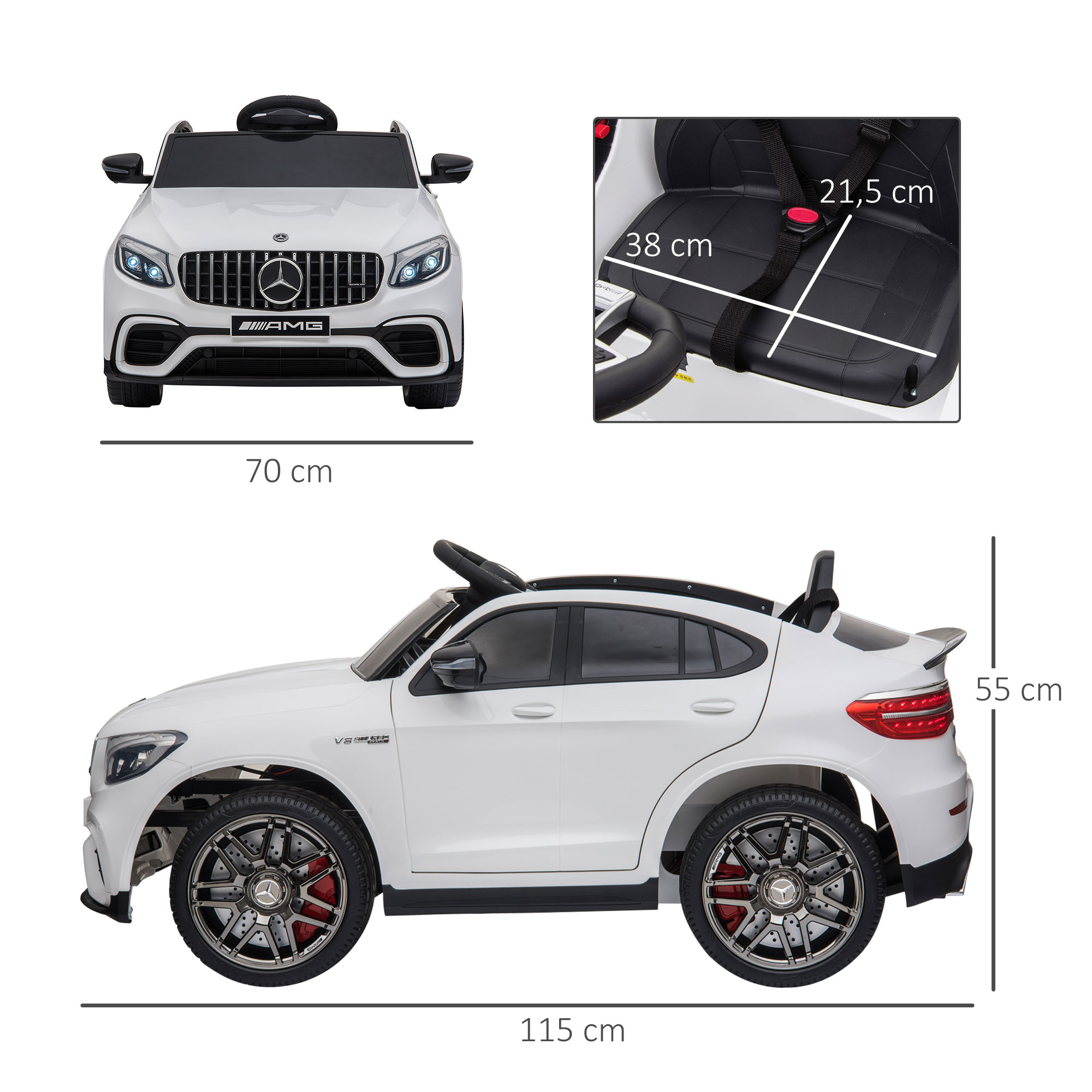 Kinderfahrzeug 12V Mercedes-Benz AMG GLC63S COUPE lizenzierter Elektroauto mit Fernbedienung Sicherheitsgurt  2 x 35W Motoren MP337-60 Monate Weiß 115 x 70 x 55 cm