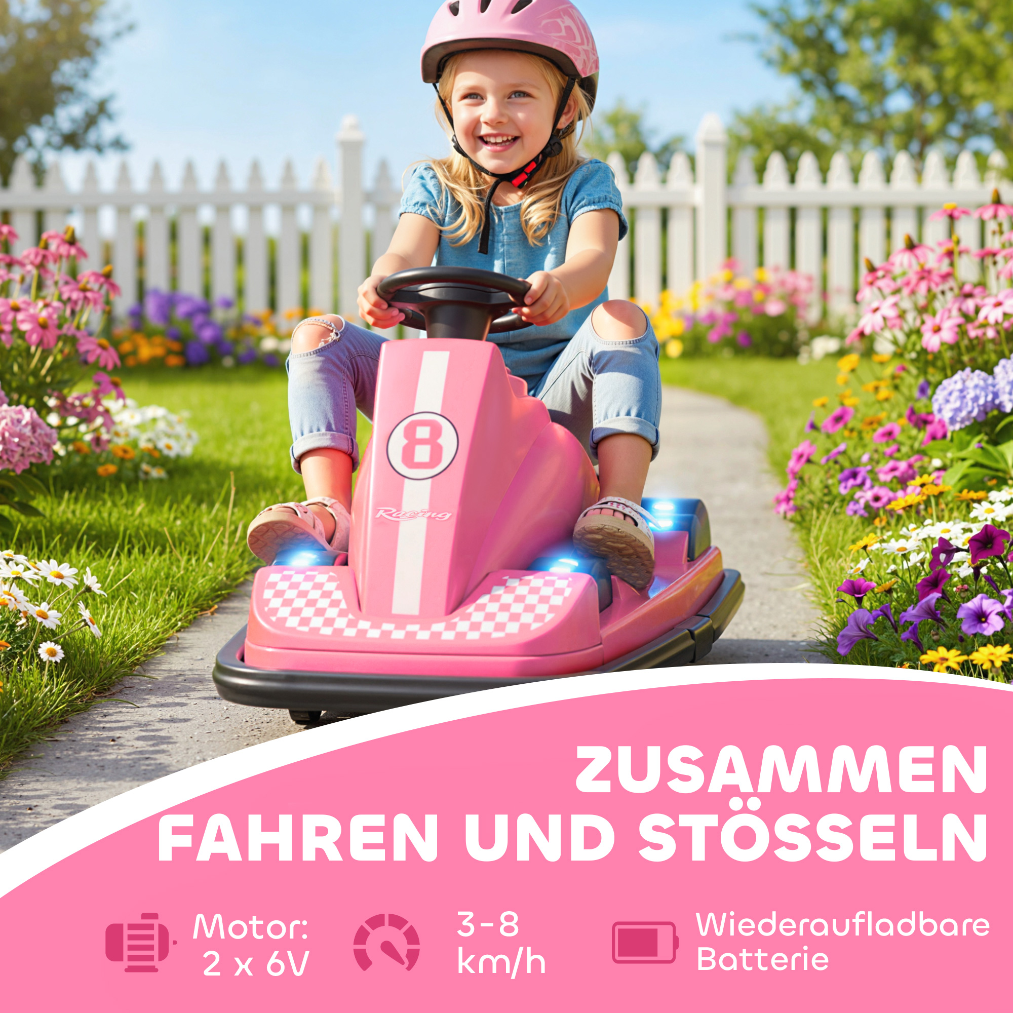 Autoscooter für Kinder, um 360 Grad drehbar, Lenkrad, LED-Lichter, Musikfunktion, 3-8 Jahre, Rosa