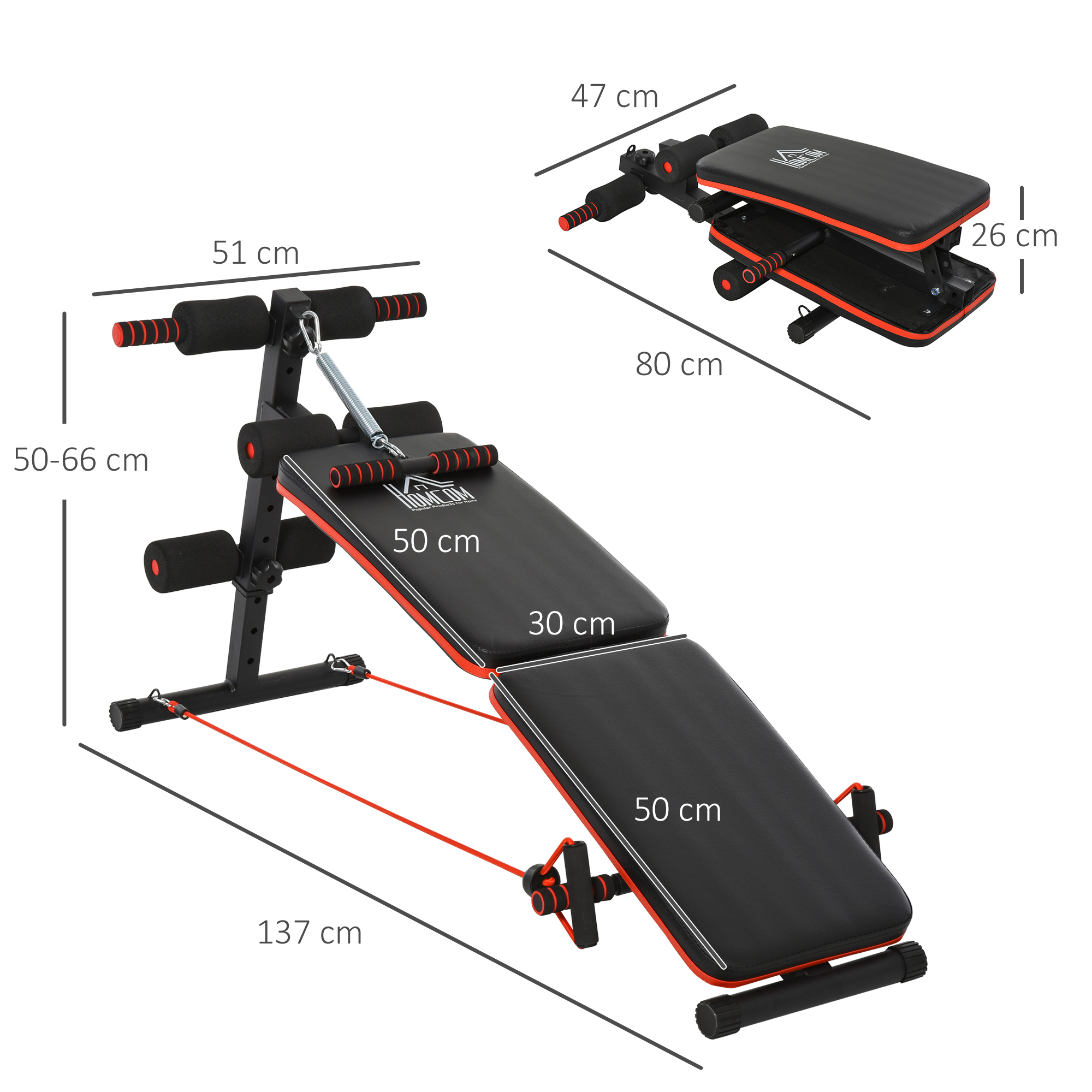 Sit Up Bank Bauchtrainer mit Trainingsseile Trainingsbank Multifunktion Verstellbar&klappbar 110 kg Belastbarkeit Stahl Schwarz+Rot 137 x 51 x 50-66 cm
