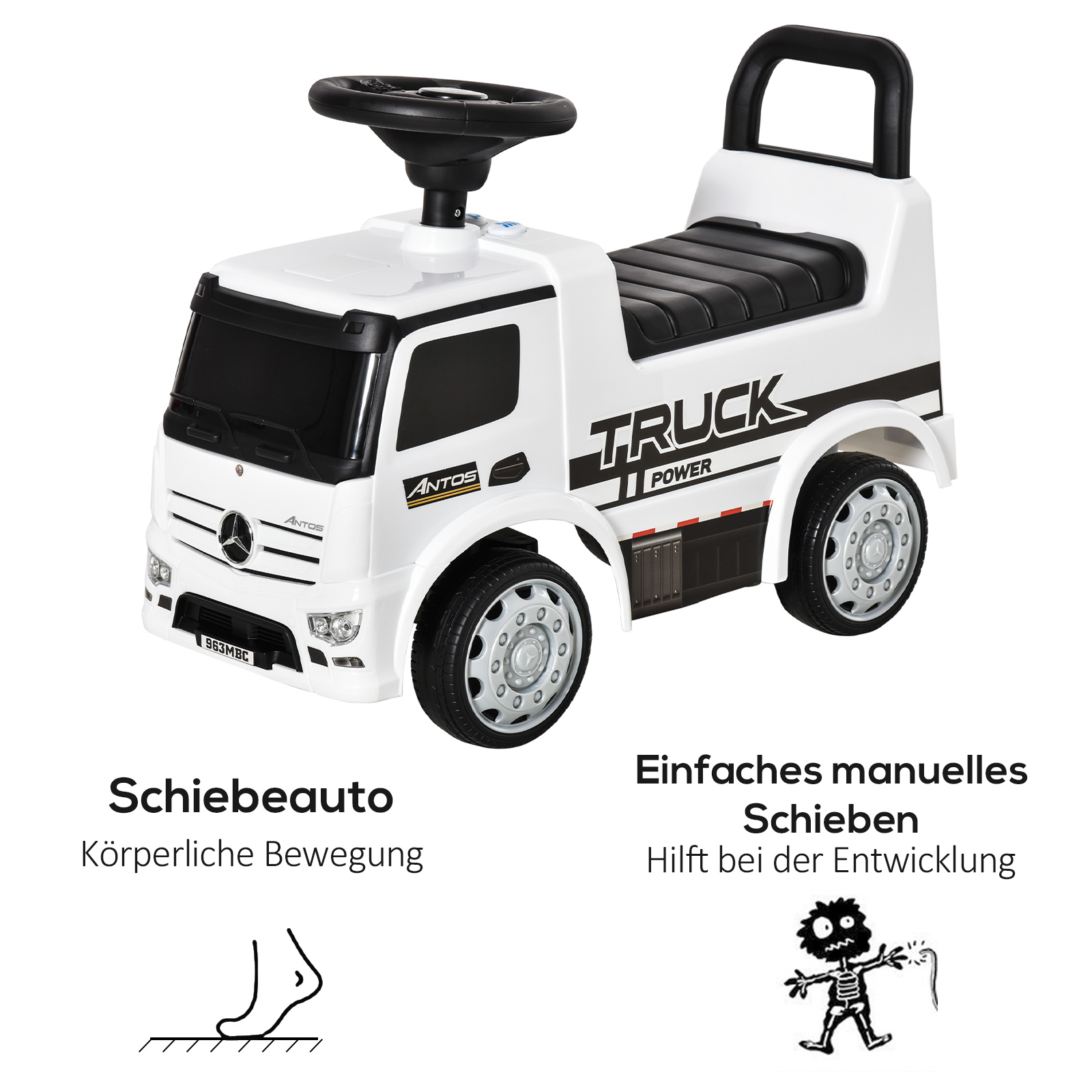 Rutscherfahrzeug Rutscherauto Babyrutscher Kinderfahrzeug lizenziert von Mercedes ANTOS-LKW-Stil mit Licht für Kinder von 12 bis 36 Monaten Metall PP-Kunststoff Weiß+Schwarz 62,5x28,5x45cm