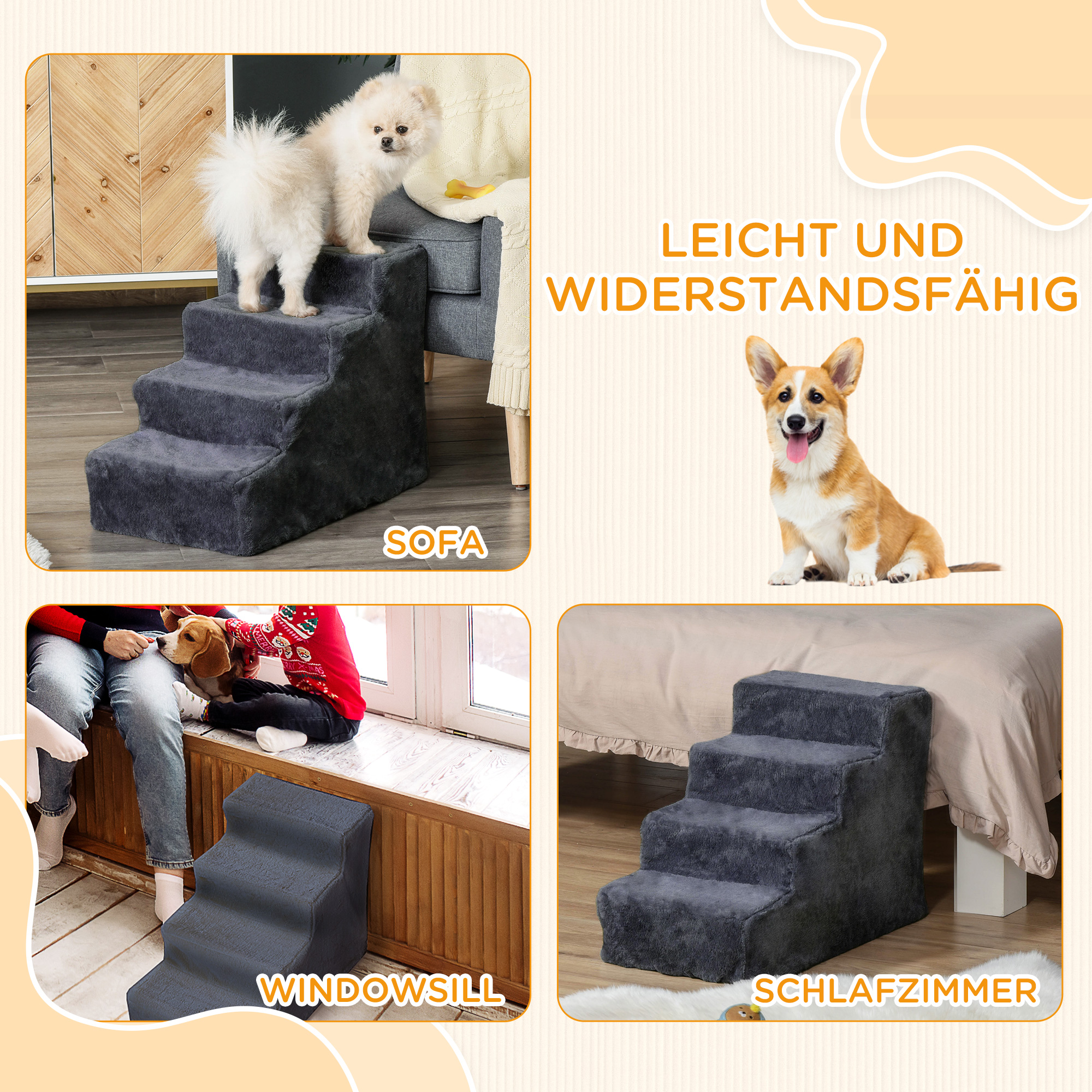 Hundetreppe 4-Stufig Abnehmbarer Bezug Für Kleine Hunde 44 cm Dunkelgrau