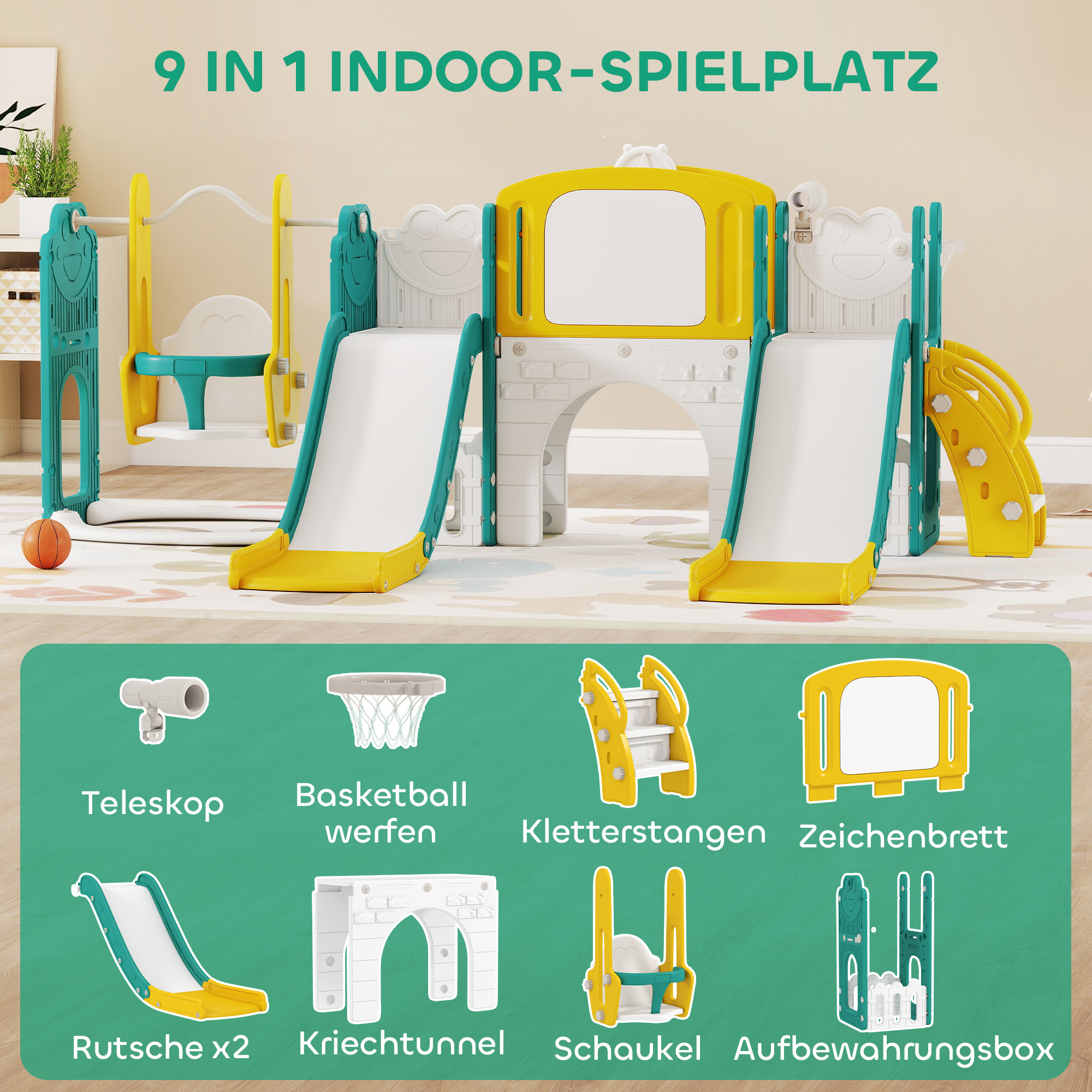 9-in-1 Rutschen- und Schaukelset für Kleinkinder, mit Basketballkorb, Teleskop, Zeichenbrett, Frosch-Design, Gelb+Grün